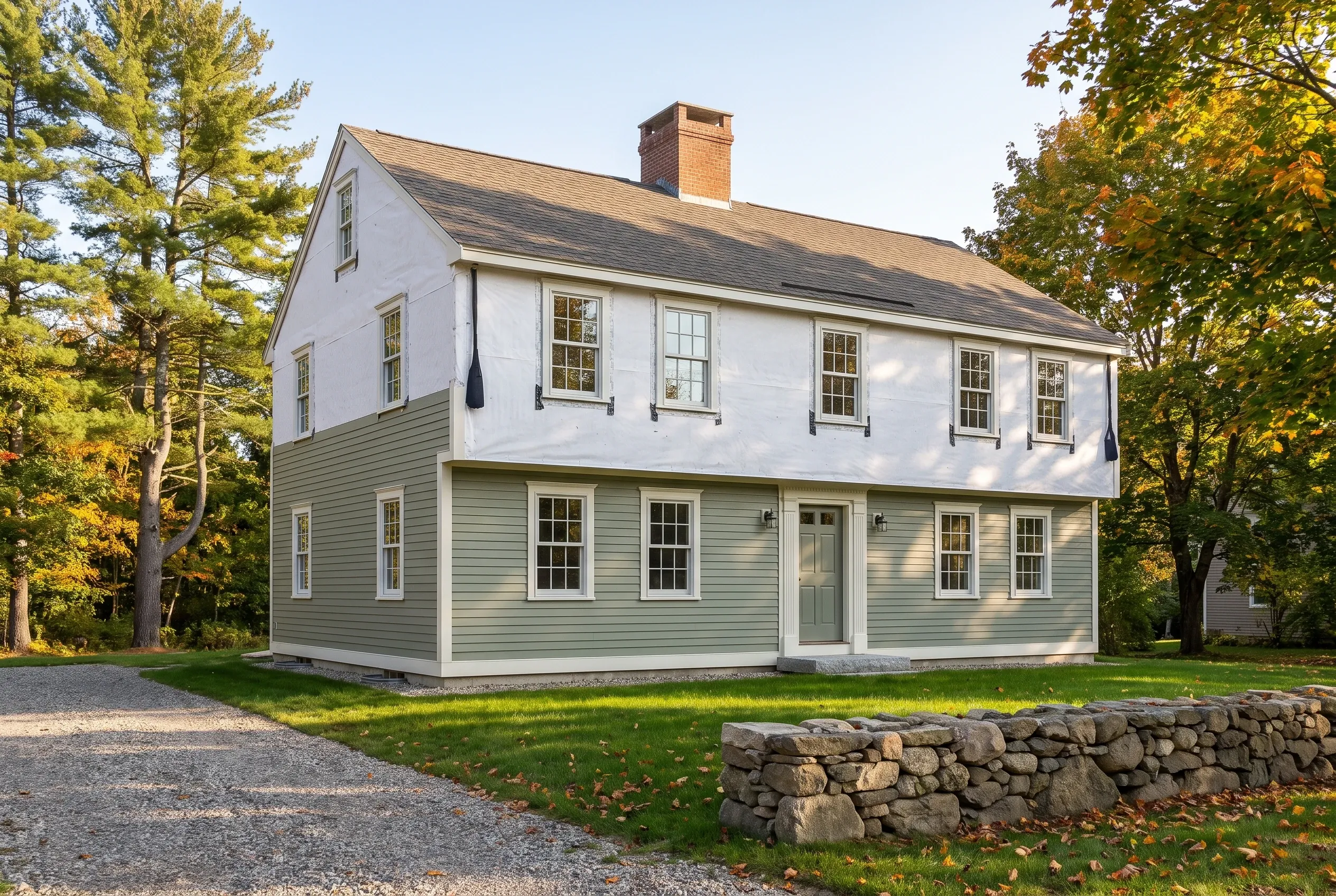 Re-sided colonial in Cumberland, ME: Two-story house with white upper story and sage green lower story, brick chimney, multiple windows, gravel driveway, stone wall, surrounded by trees in autumn.