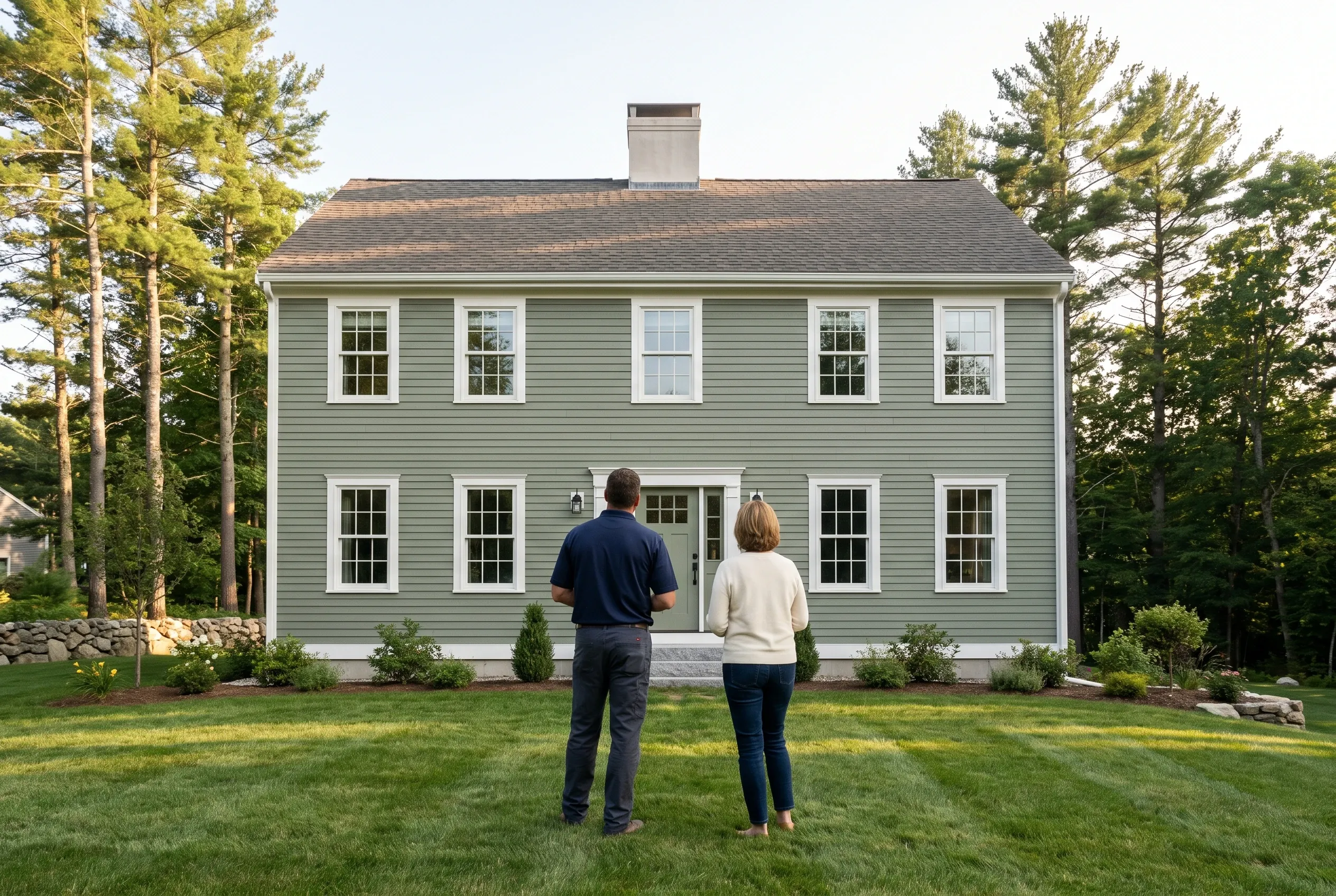 Re-sided colonial in Cumberland, Maine: Two people standing in yard facing a two-story house with gray vinyl siding, white trim and windows, gray roof with chimney, surrounded by evergreen trees.