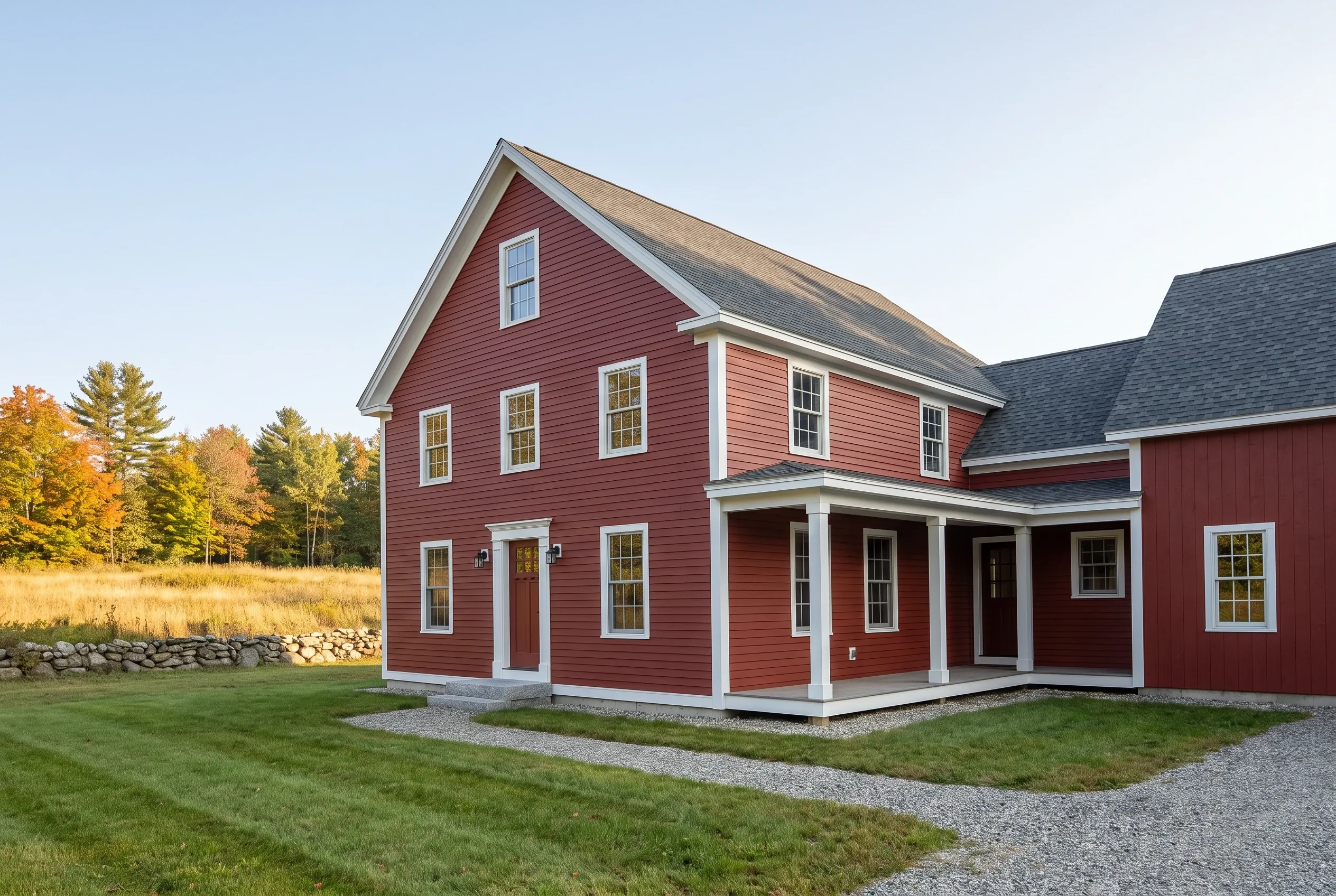 Red Colonial Home in Cumberland, ME: Two-story red vinyl-sided house with white trim and dark gray roof, front porch, attached garage, gravel driveway, green lawn, stone wall, and fall foliage in background.