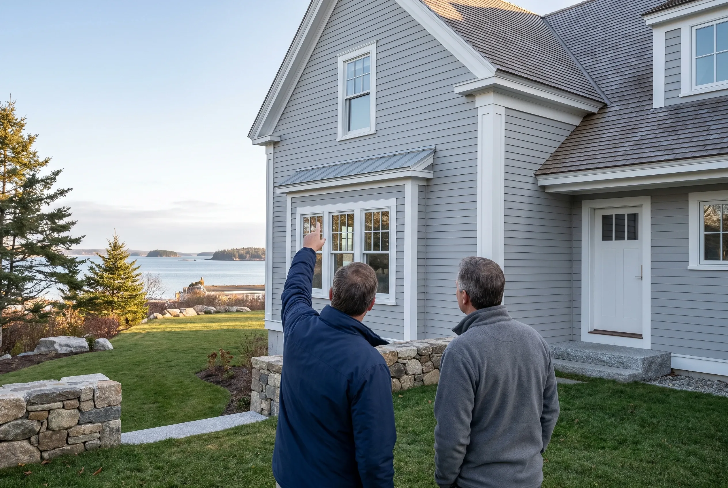 Re-sided contemporary home in Cumberland, ME: Two men stand on lawn viewing a gray-sided house with white trim and metal roof overlooking water and islands.