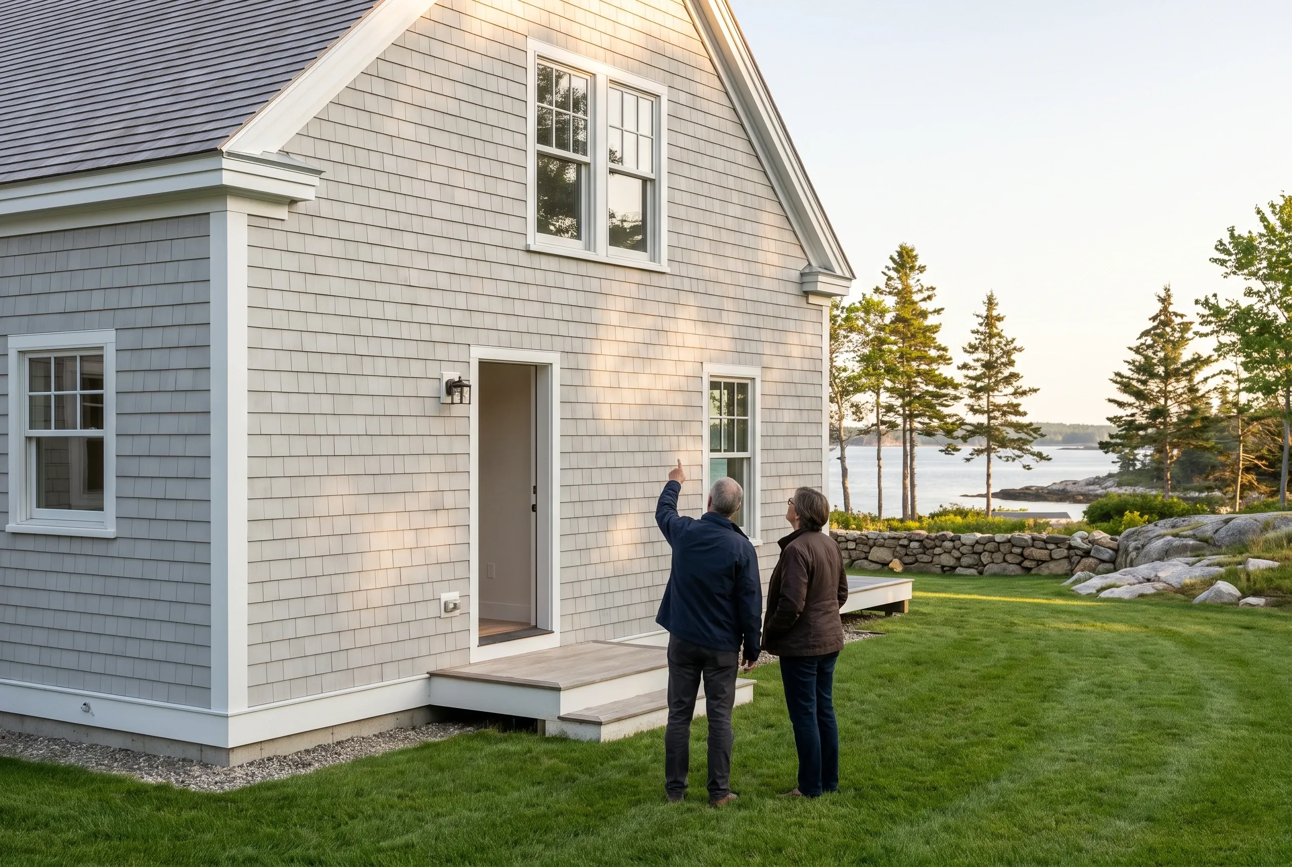 Coastal home with blue-gray shingle siding, Falmouth ME: Two people stand on lawn viewing a two-story house with gray shingle siding, white trim, and dark roof. Stone wall and evergreen trees visible beyond, with water in distance.