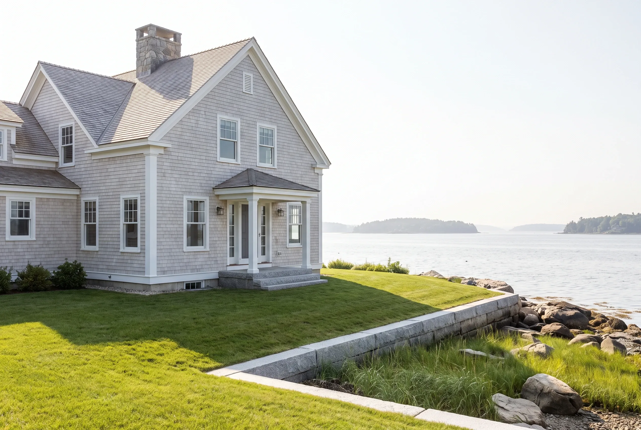 Waterfront home in Falmouth, Maine: Two-story house with gray cedar shake siding, white trim, and gray-blue roof with brick chimney overlooking bay with islands.