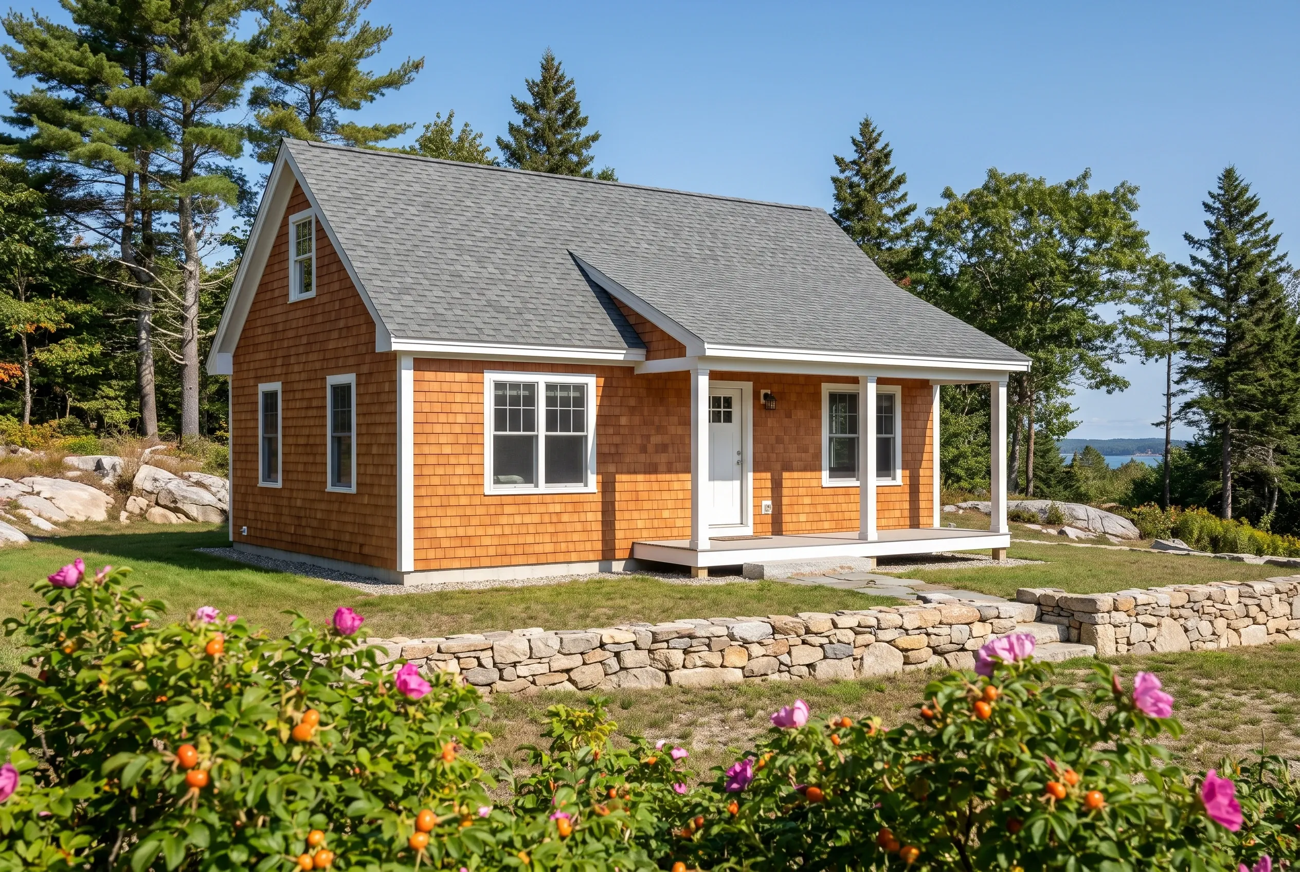 Orange cedar shake cottage in Falmouth, ME: Single-story house with orange wood shingle siding, white trim and door, gray roof, front porch, stone foundation wall, flowering garden in foreground, evergreen trees behind.
