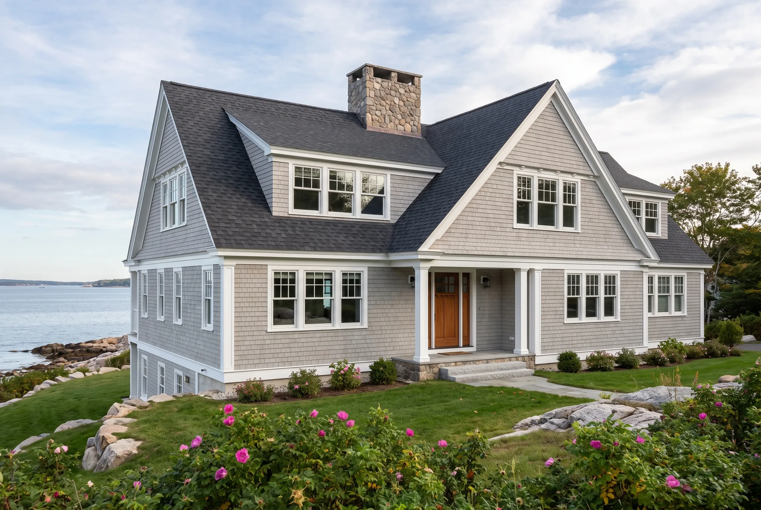 Siding contractors in Falmouth, ME: Contemporary gray shingle-sided house with white trim, dark roof, stone chimney, overlooking water with flowering garden.