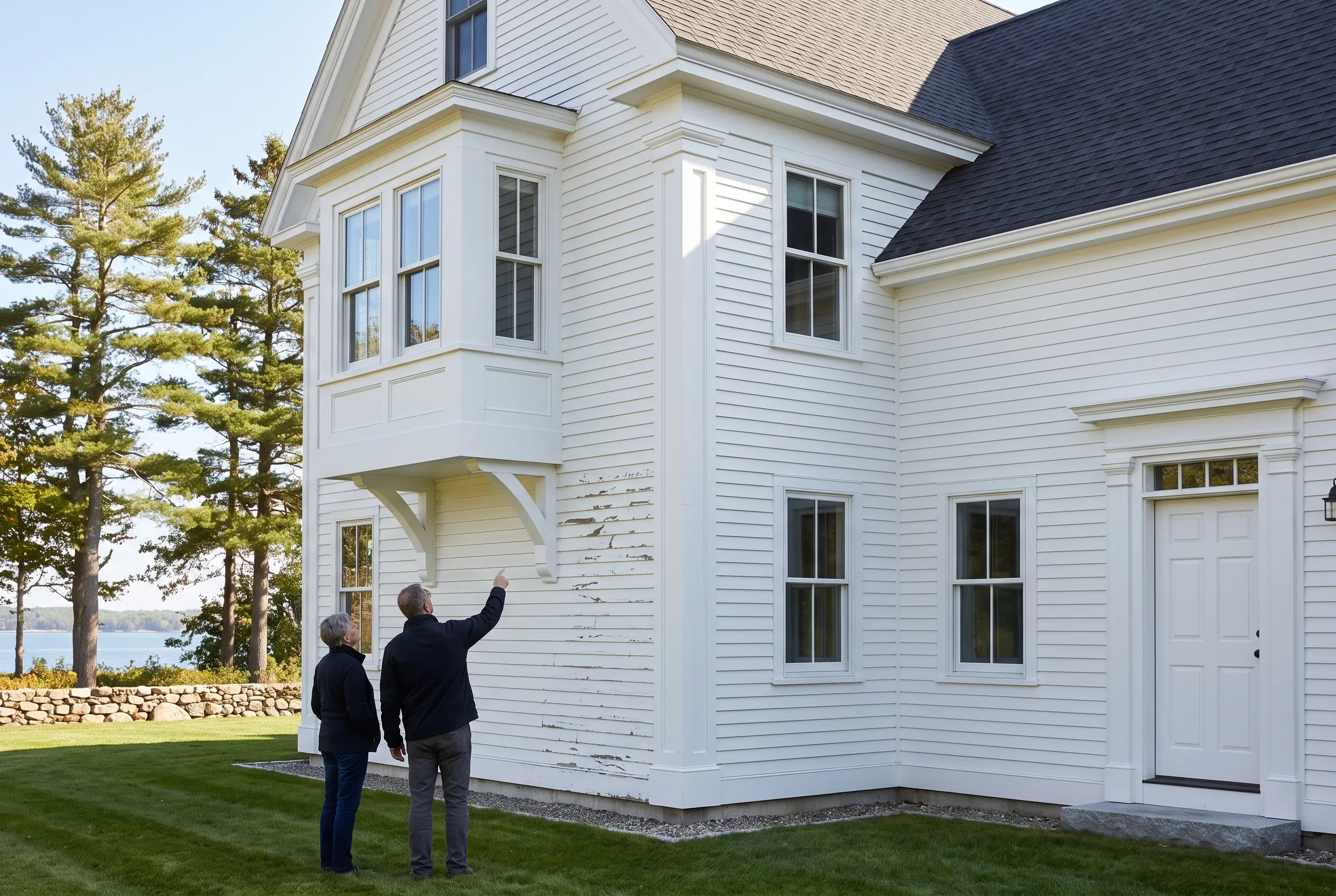 White Colonial Home in Falmouth, ME: Two people stand on lawn viewing white horizontal siding, dark roof, and bay window on two-story colonial house with pine trees and water visible beyond.