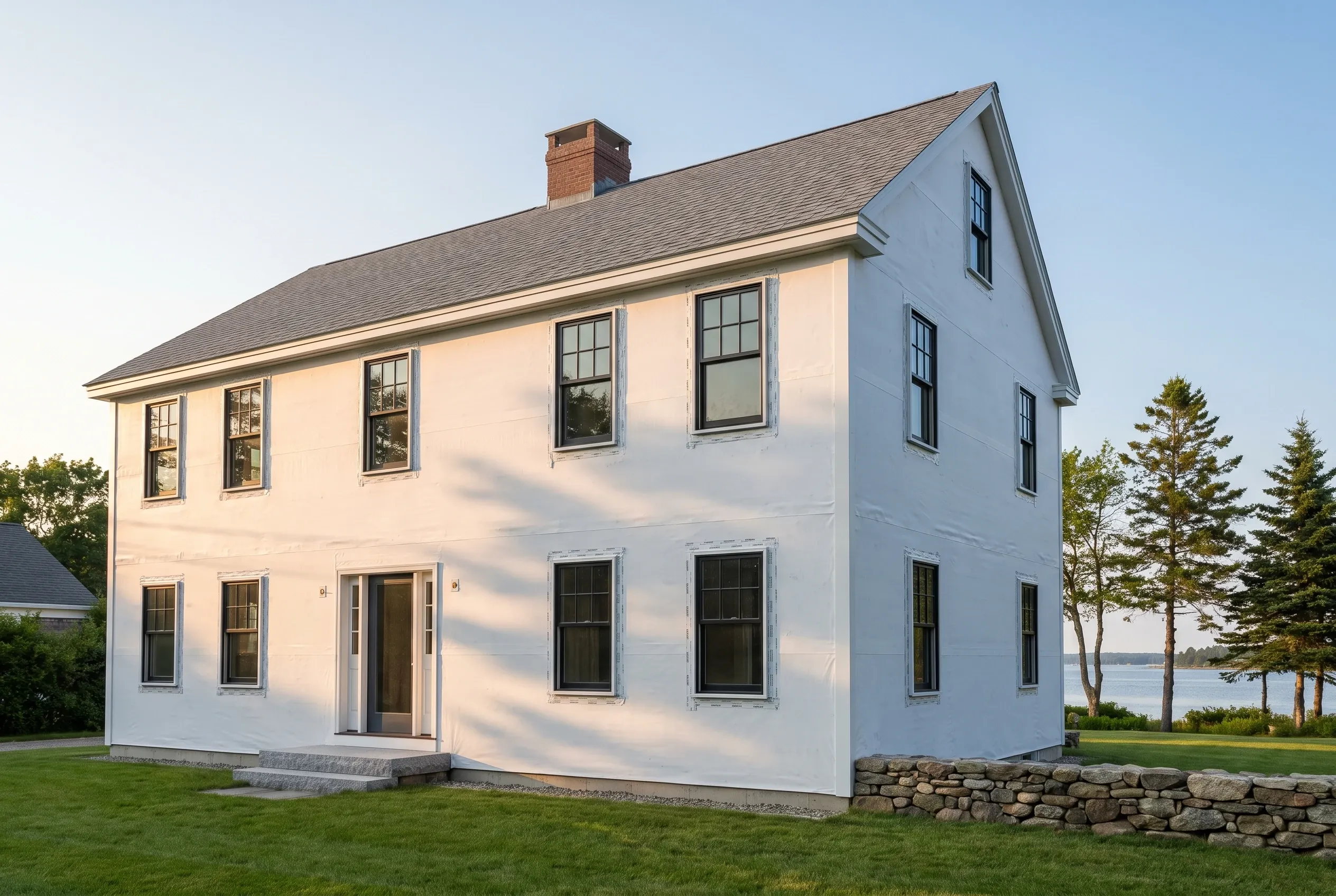 White Colonial House with New Siding in Falmouth, ME: A two-story white-sided colonial home with black-trimmed windows, brick chimney, and gray roof sits on a lawn near evergreen trees and water.