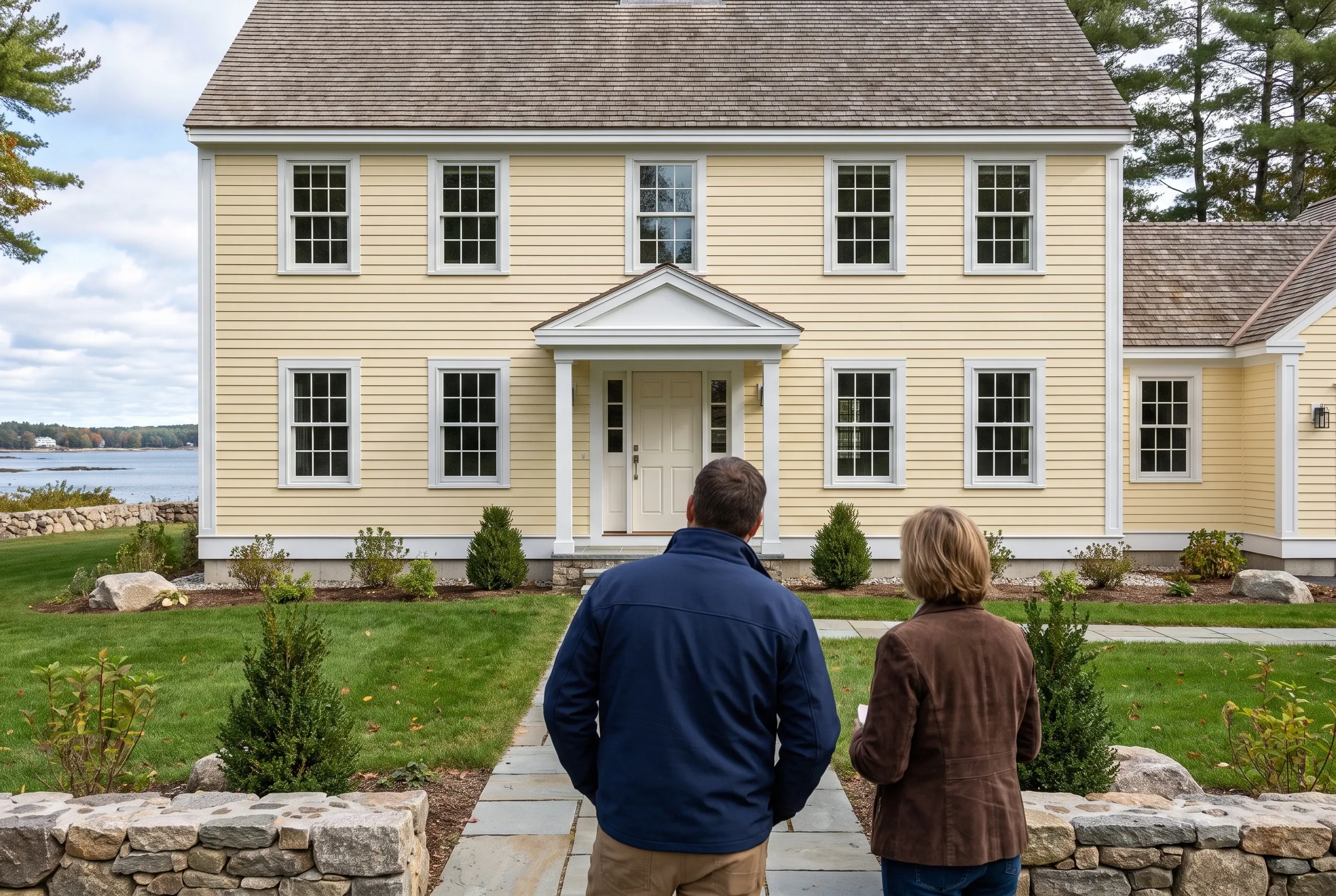 Re-sided colonial in Falmouth, Maine: Two-story house with cream-colored horizontal siding, white trim, and gray shingle roof. Stone foundation and walkway visible. Two people viewed from behind walking toward the front entrance. Waterfront setting with lawn and evergreen plantings.