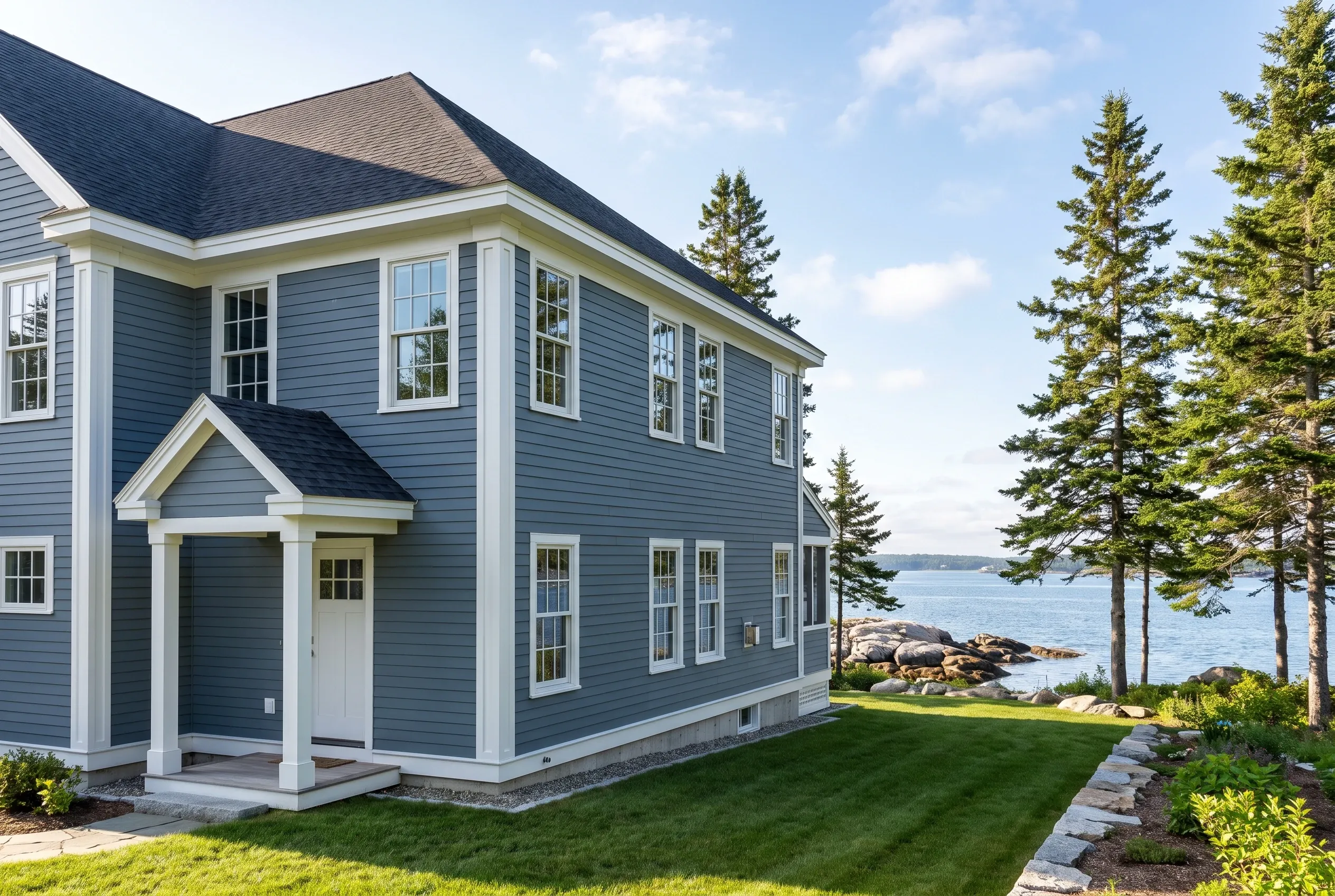 Blue Colonial Home in Falmouth, ME: Two-story blue-gray house with white trim and dark roof overlooking water, evergreen trees, and manicured lawn.