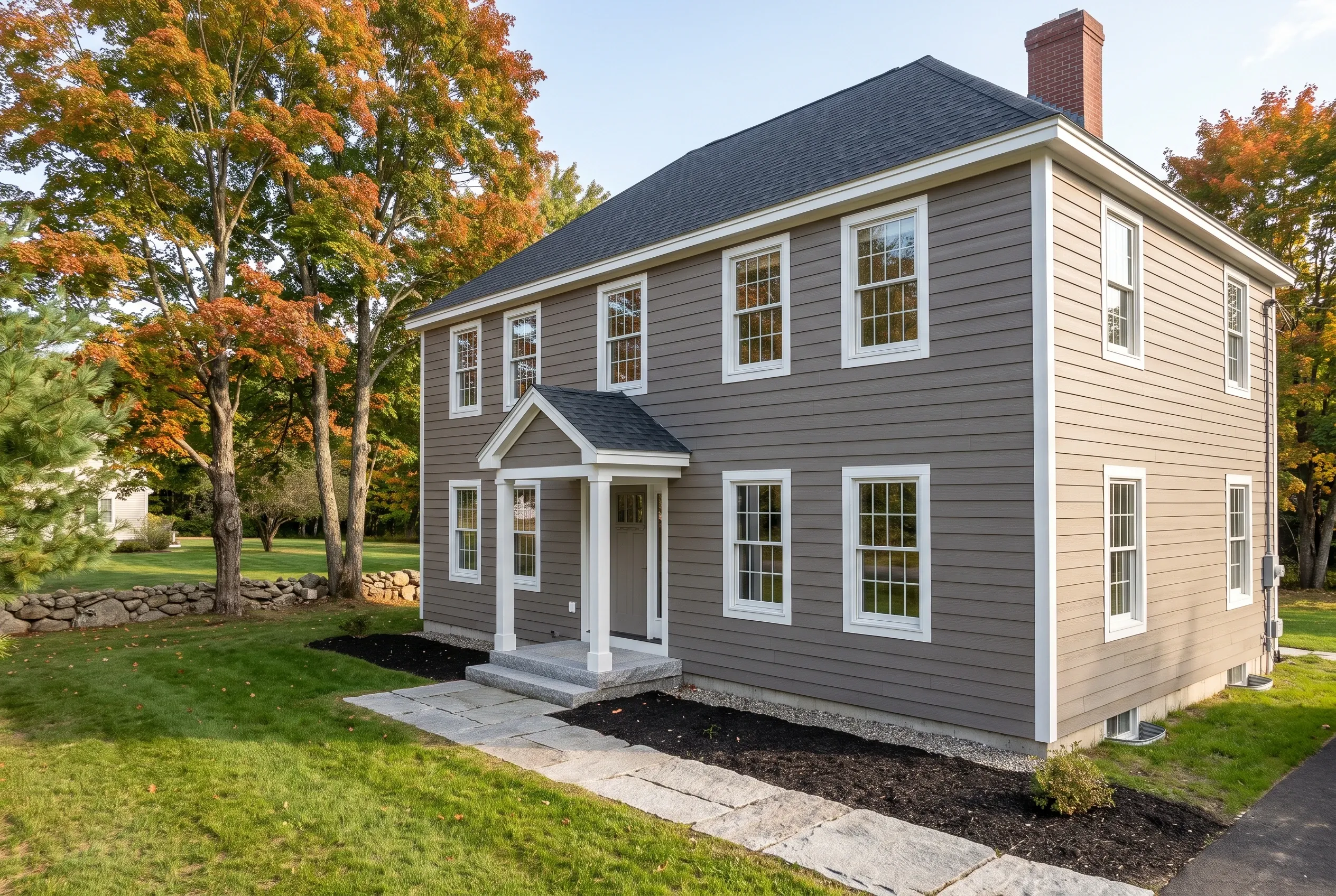 Two-story colonial with new siding in Falmouth, ME: Gray and tan horizontal siding with white trim and black roof. Stone walkway leads to covered entry. Mature trees with fall foliage surround the house on manicured lawn.