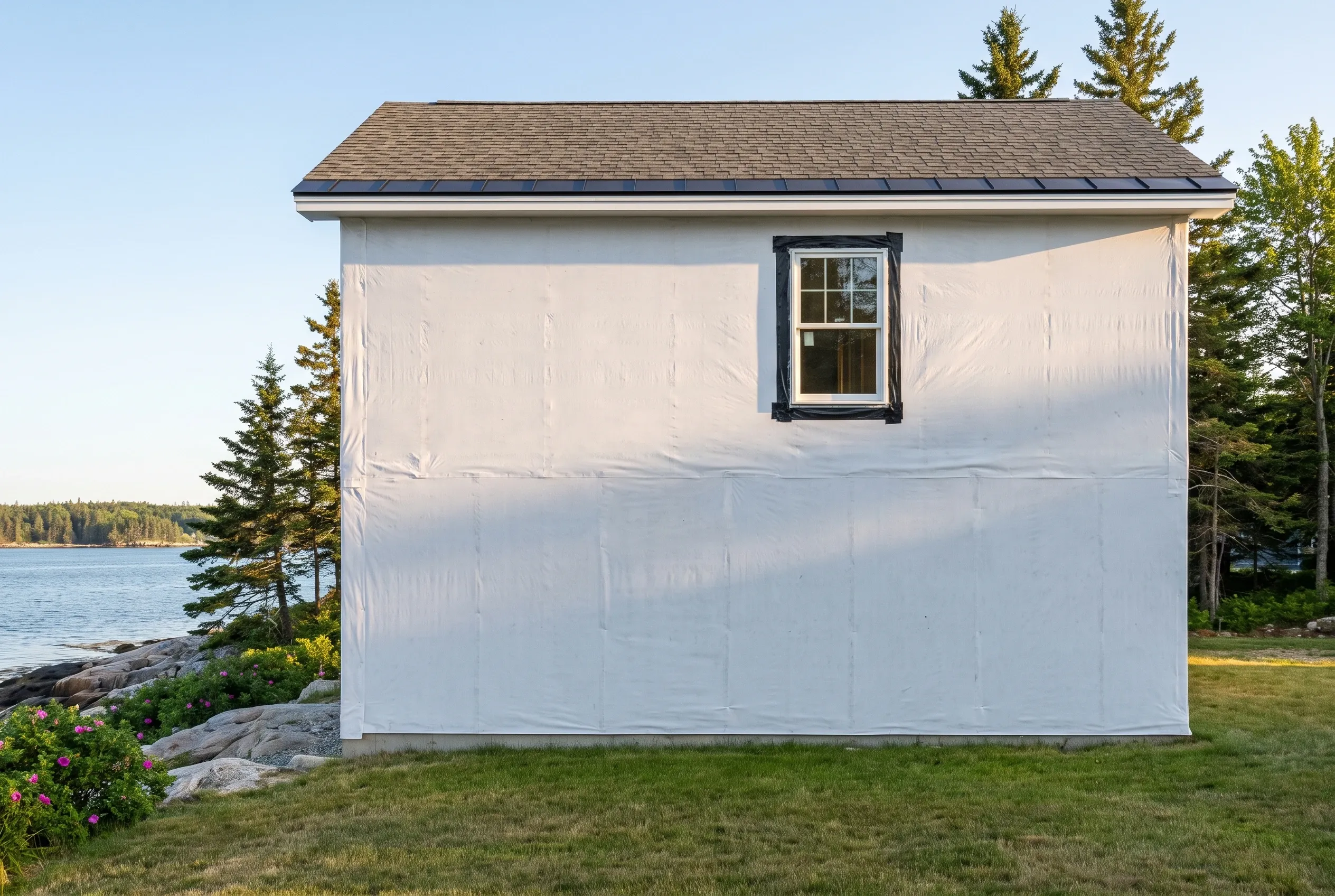 New construction shed in Freeport, ME: Small white-sided building with black trim window and gray shingled roof beside a lake with evergreen trees.