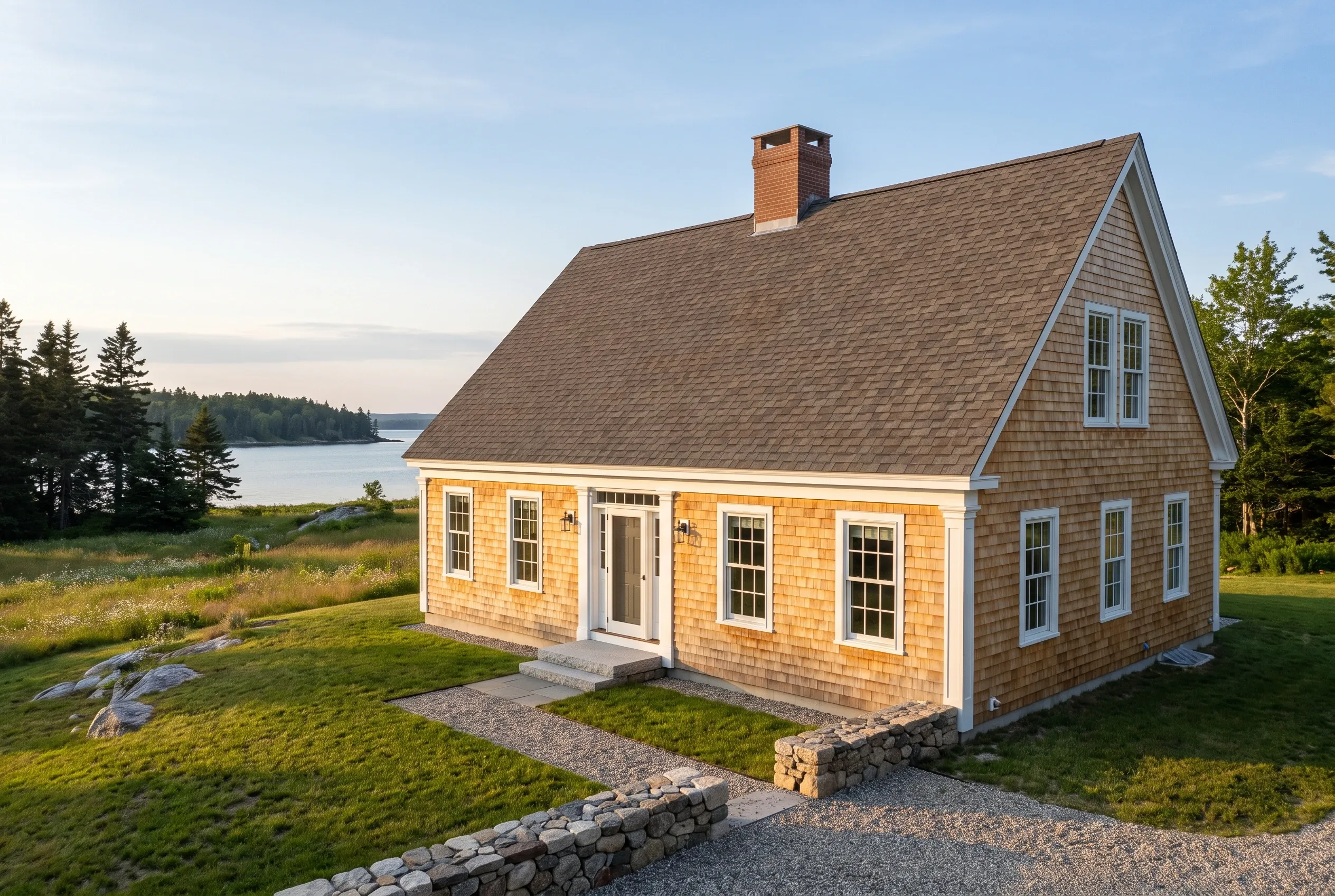 Cedar shake cottage in Freeport, ME: Single-story home with golden cedar shingle siding, white trim, and gray asphalt shingle roof with brick chimney. Located on grassy waterfront lot overlooking bay with evergreen trees. No people visible.