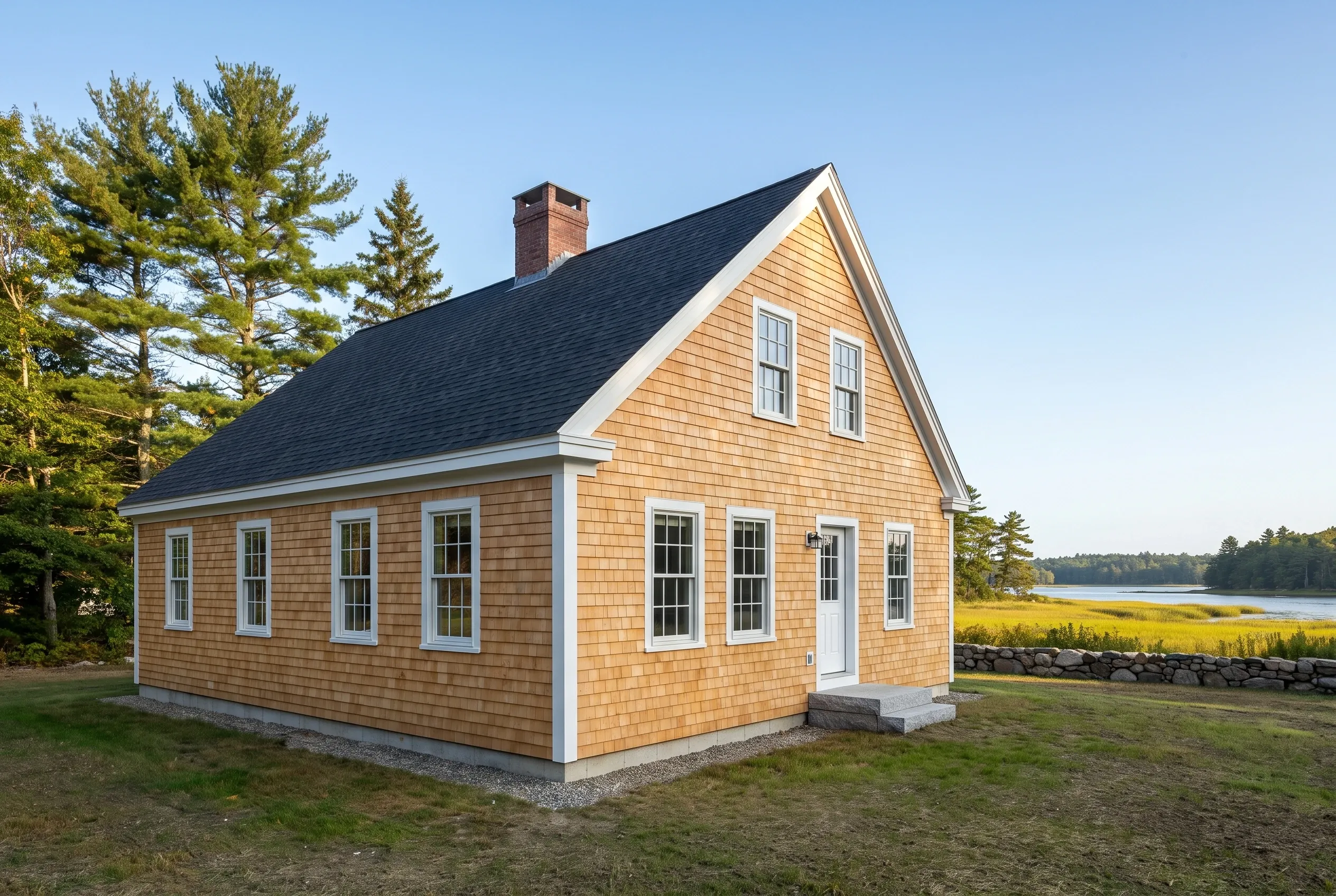 Cedar shake cottage in Freeport, ME: Small residential cottage with golden cedar shake siding, white trim, dark roof, brick chimney, situated on grassy lawn near water and evergreen trees.