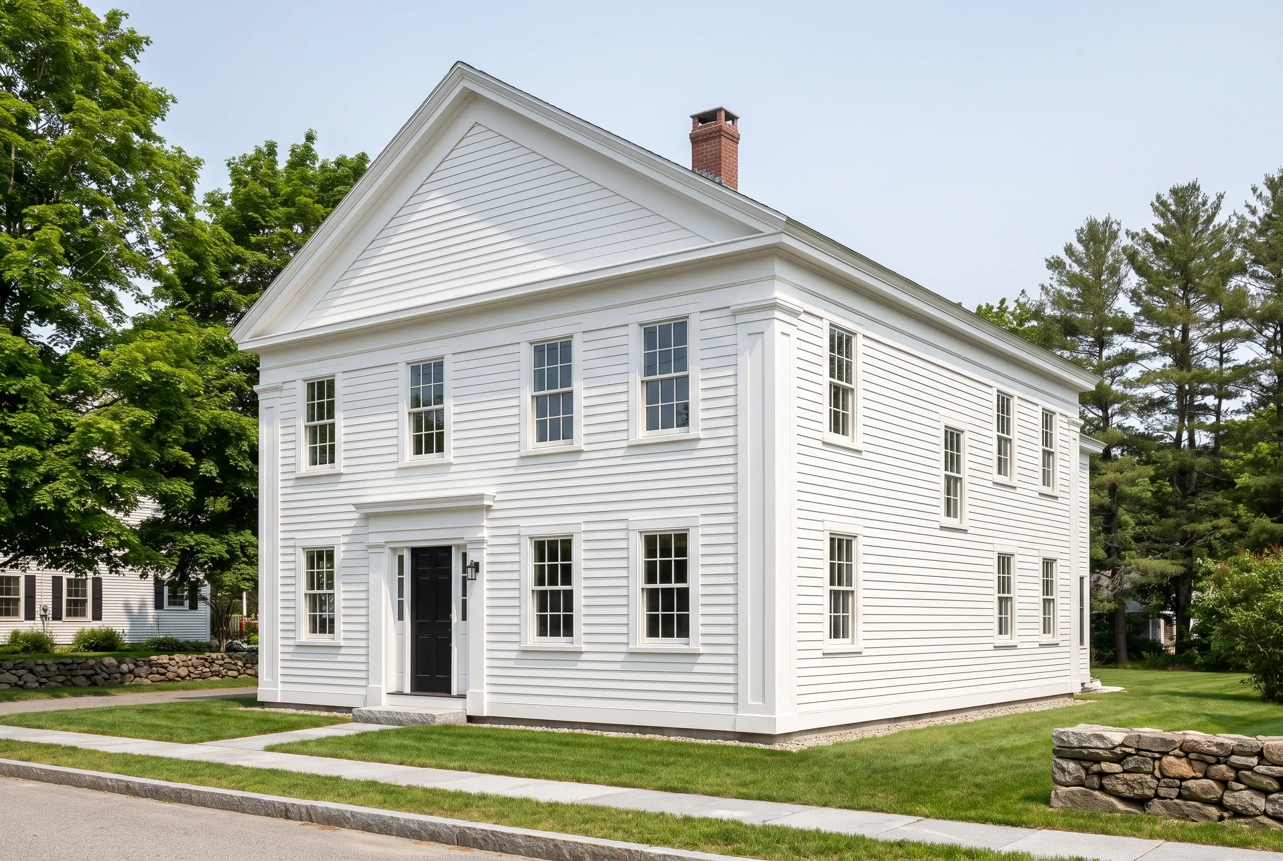Siding contractors in Freeport, ME: Two-story white colonial house with horizontal vinyl siding, white trim, gabled roof, brick chimney, surrounded by green lawn and trees.