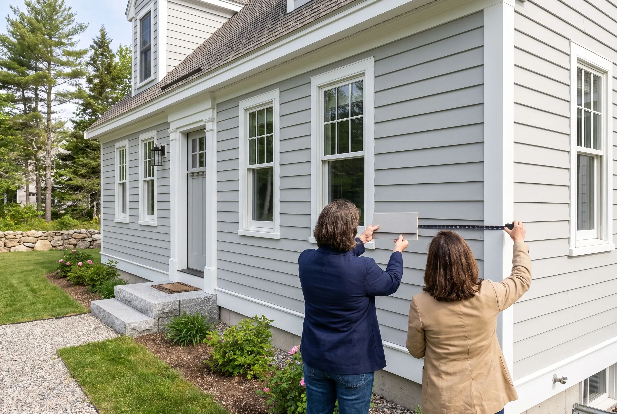 Residential siding installation in Freeport ME: Two women measuring gray and white horizontal siding on a house with white trim and dark roof, surrounded by landscaping and evergreen trees.
