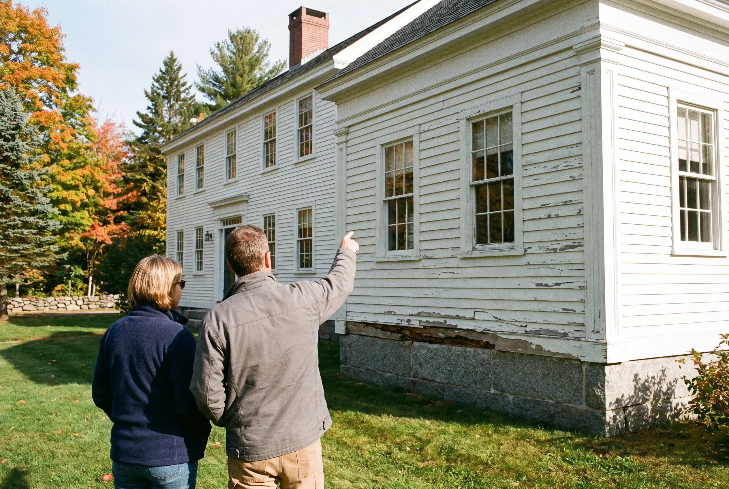 Colonial home siding inspection in Freeport, ME: Two people examine the light blue horizontal siding on a two-story colonial house with dark roof and brick chimney, surrounded by autumn foliage.