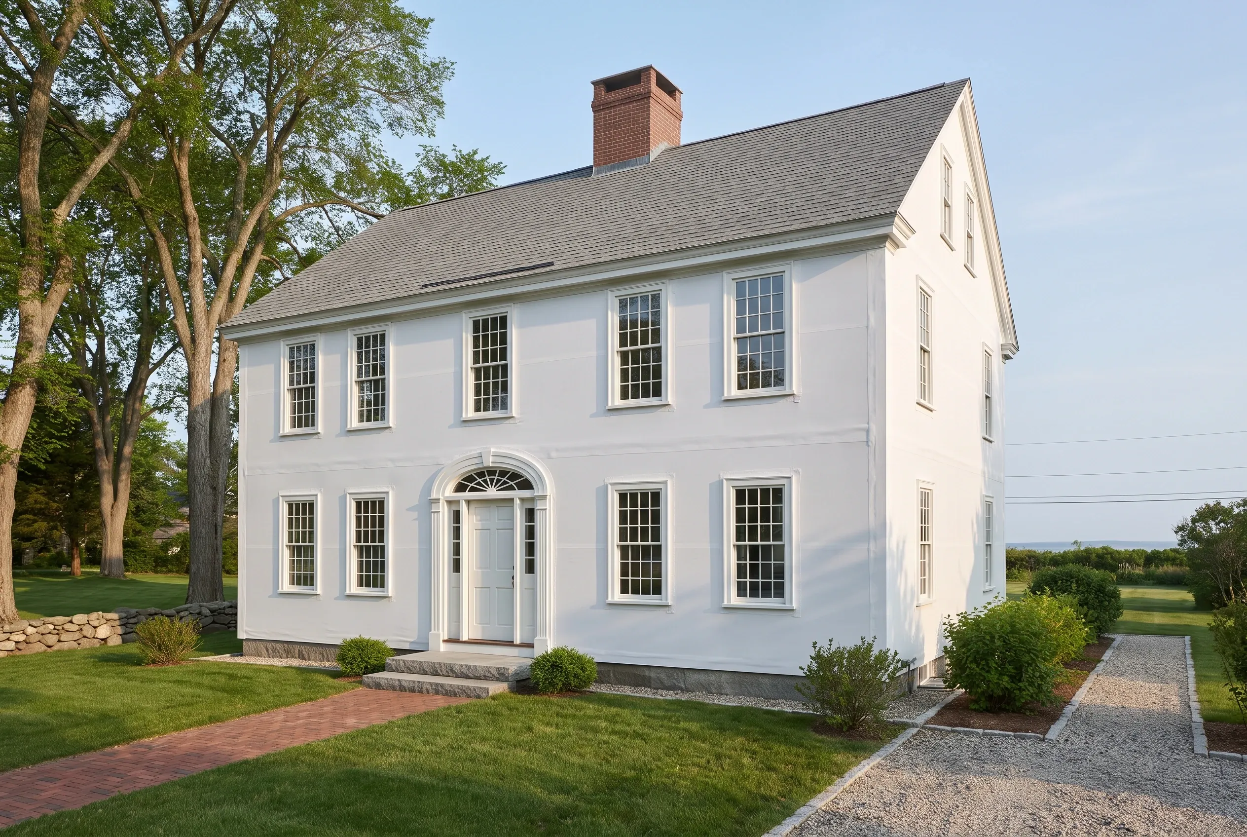 White colonial home in Freeport, ME: Two-story white house with black shutters, brick chimney, gray roof, arched entry door, brick walkway, and mature trees on landscaped lawn.