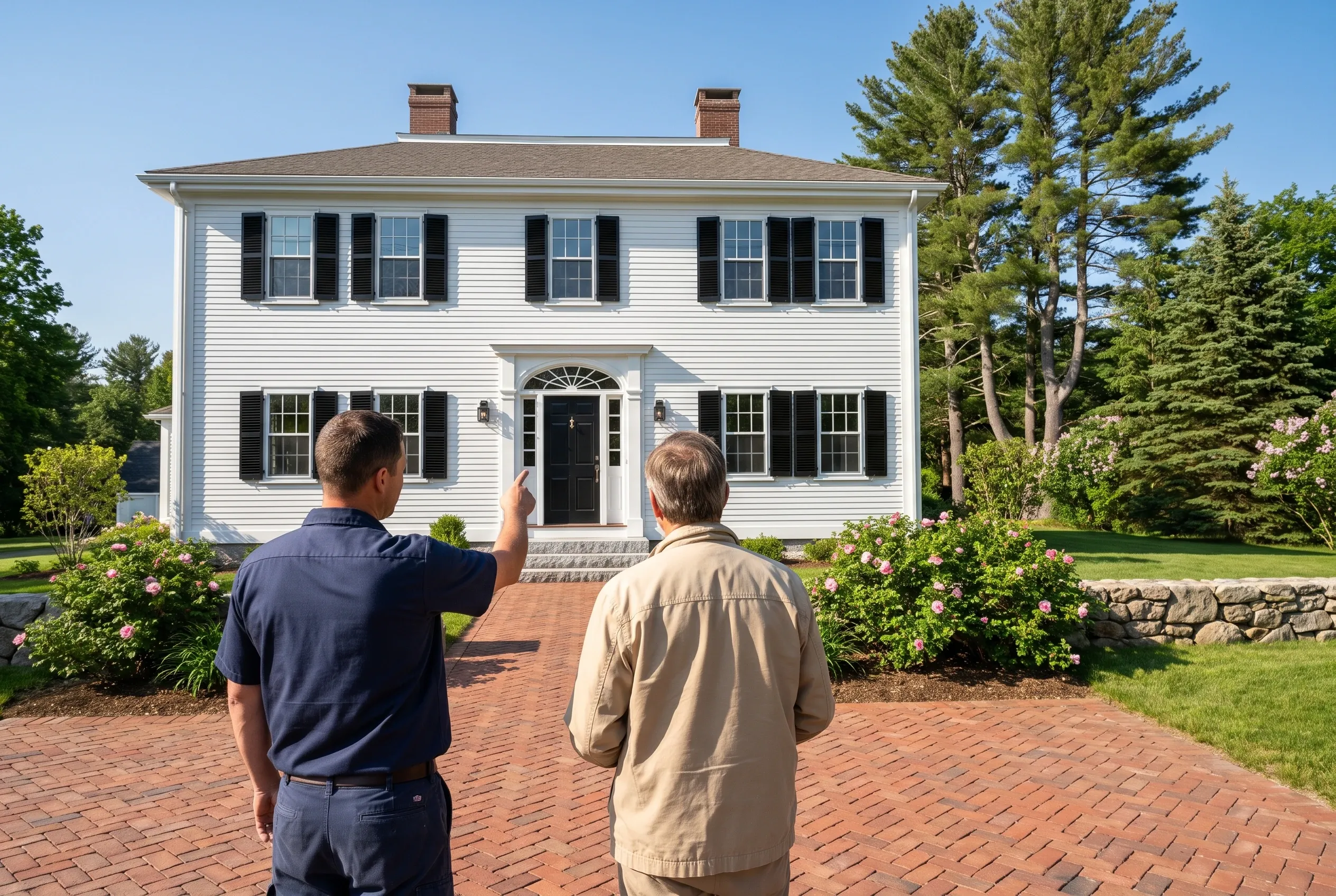 White colonial home in Freeport, ME: Two men view a two-story white-sided colonial house with black shutters, brick chimney, and gray roof. Brick walkway leads to black front door. Pink flowering shrubs and evergreen trees surround the home.