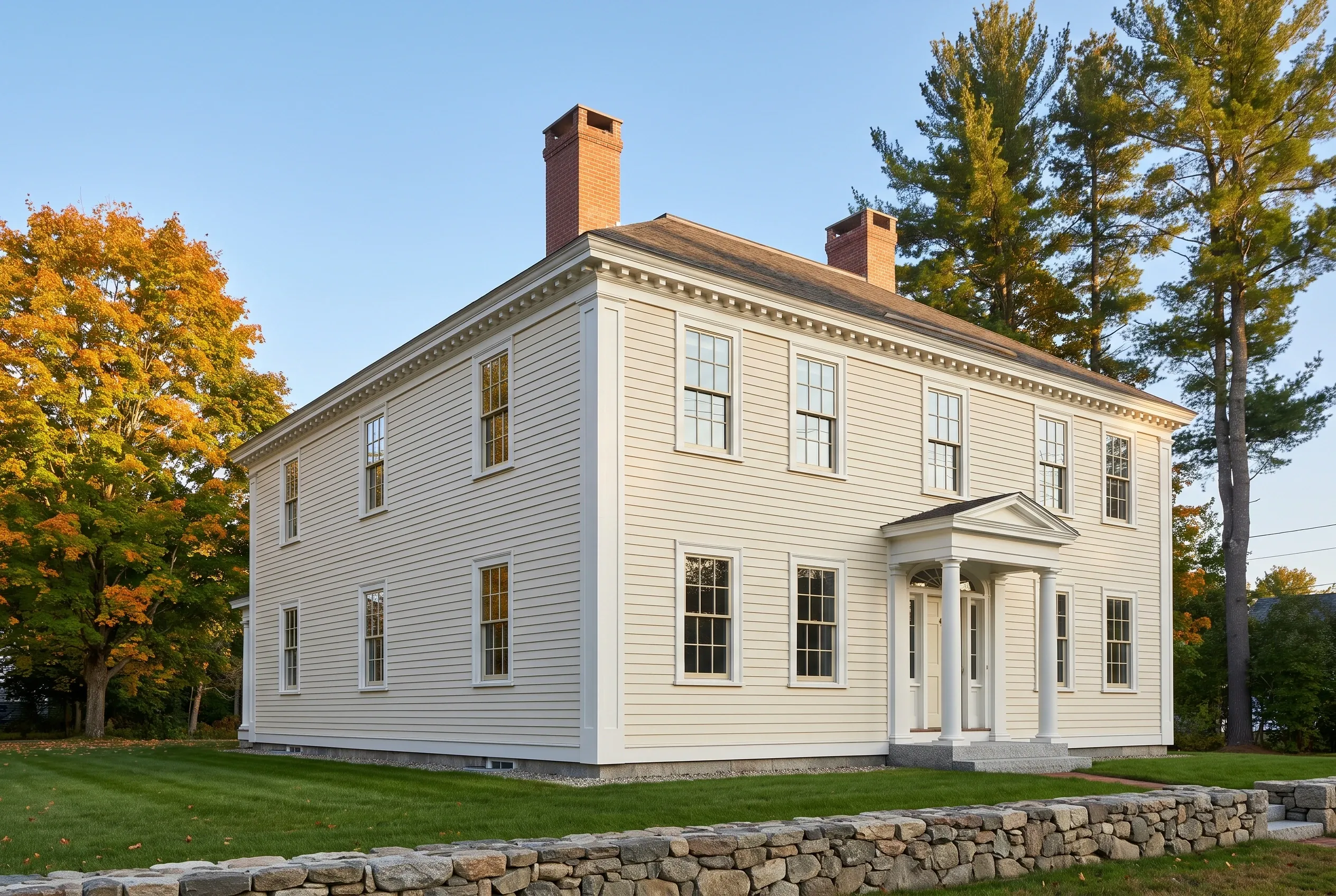 Re-sided colonial in Freeport, ME: Two-story white vinyl-sided house with black shutters, brick chimneys, and covered front porch. Stone foundation and wall visible. Autumn trees surrounding the property.