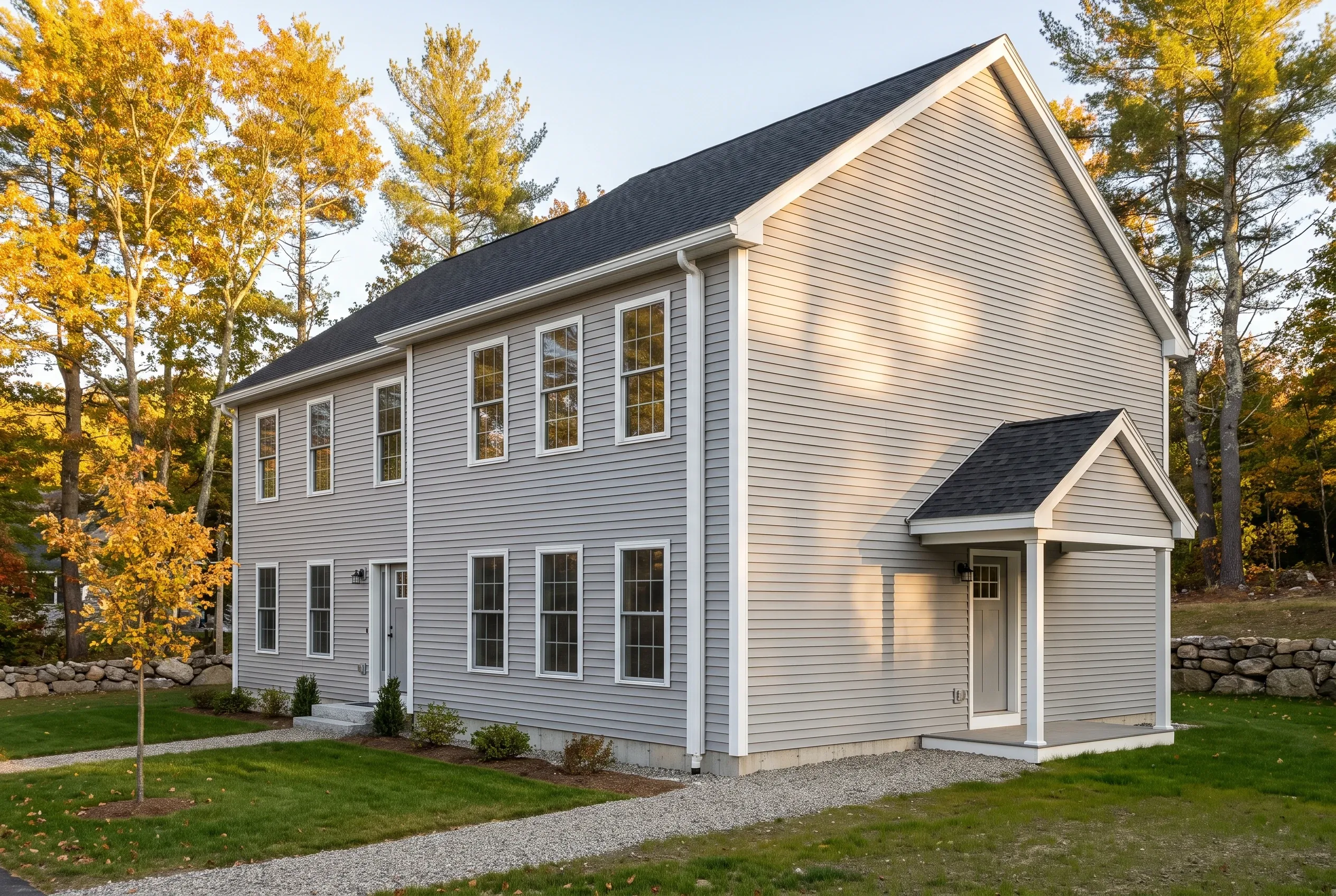 Re-sided Colonial in Gorham, ME: Two-story house with light gray horizontal vinyl siding, white trim, and dark gray roof surrounded by autumn trees and stone wall.