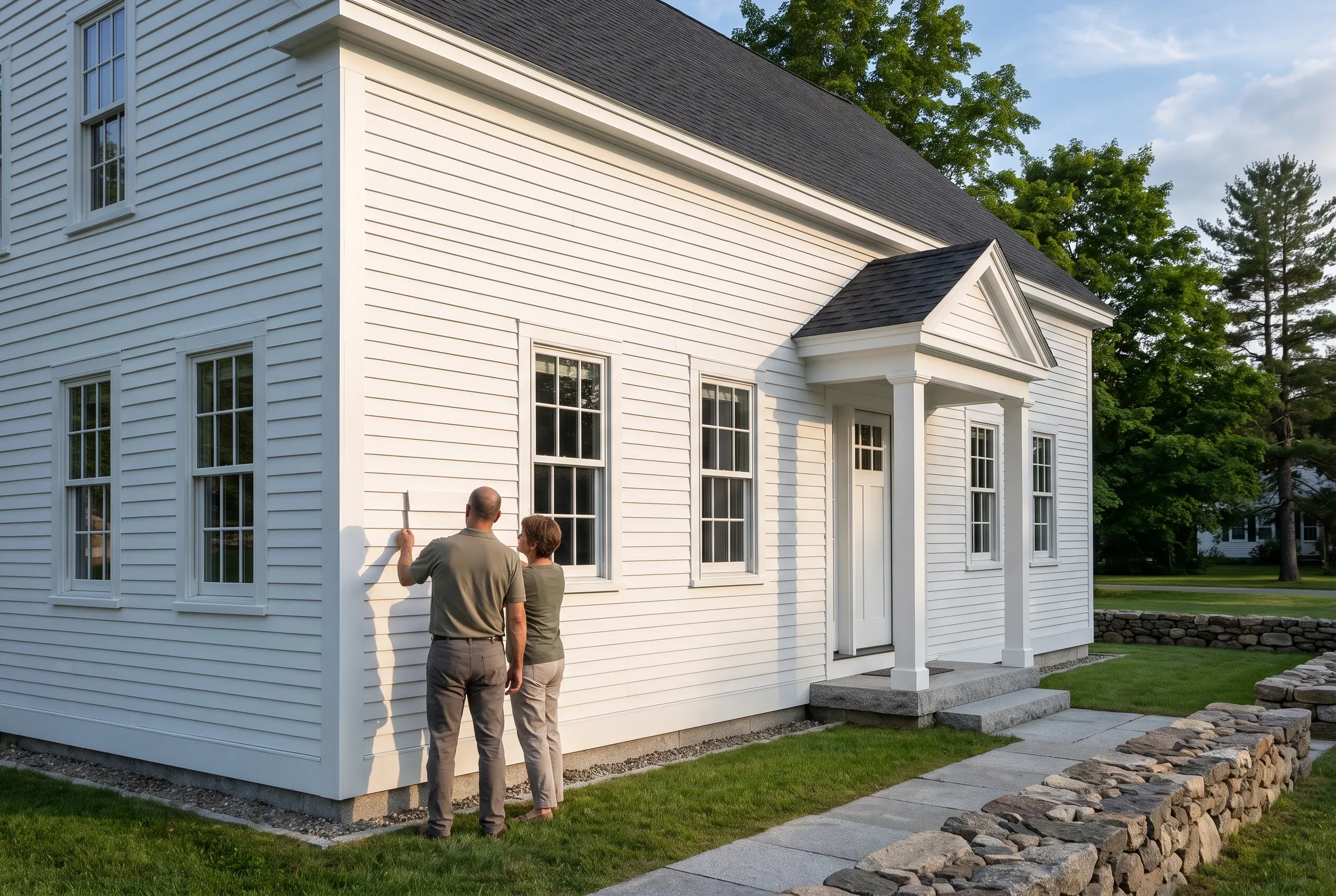Re-sided cottage in Gorham, ME: Two people stand outside a white single-story cottage with white vinyl siding, white trim, and dark roof. Stone foundation and walkway visible. Larger house in background.