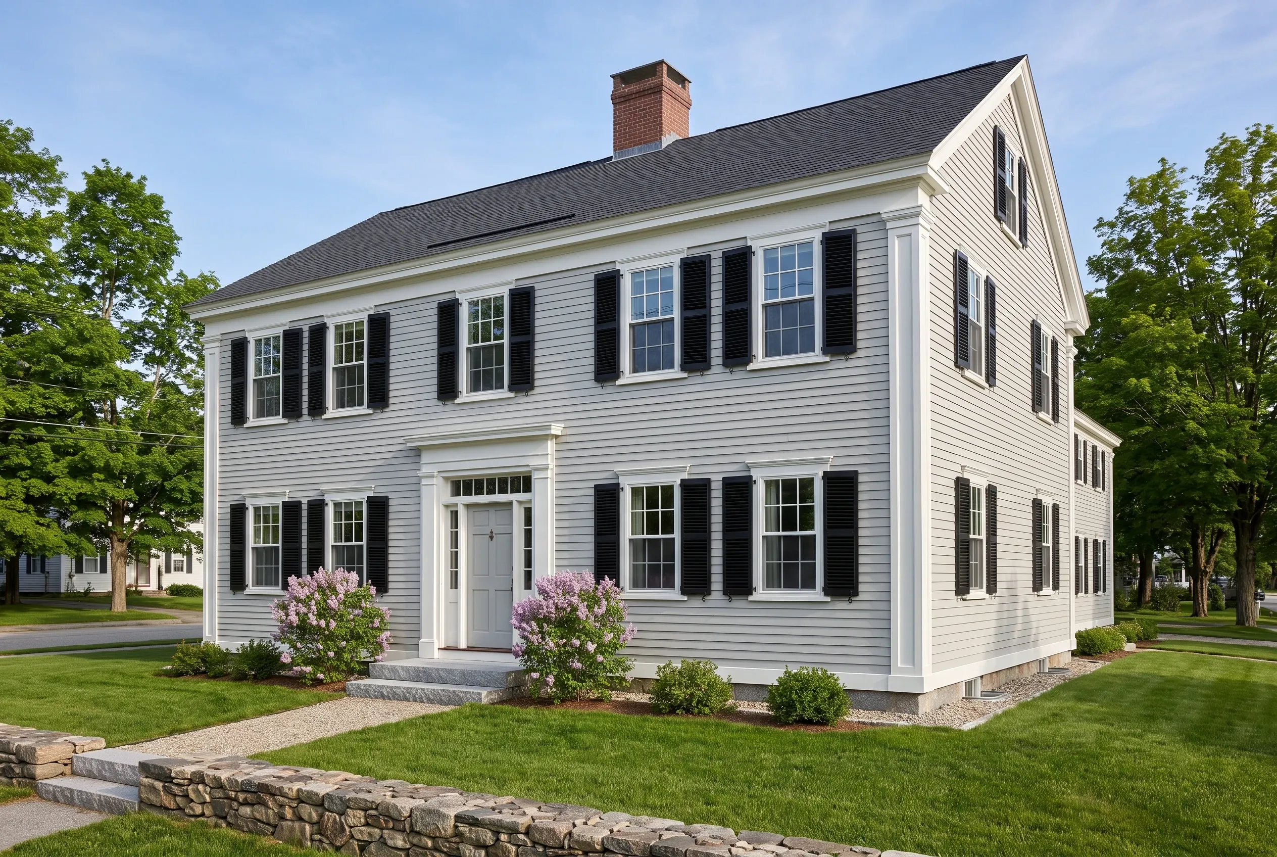 Re-sided colonial home in Gorham, ME: Two-story white vinyl-sided house with black shutters, gray roof, brick chimney, and white trim surrounded by landscaping and trees.