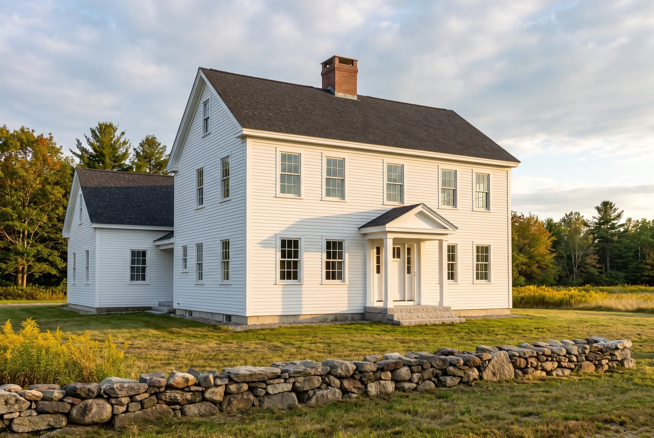 Siding contractors in Gorham, ME: White farmhouse with vertical siding, black roof, brick chimney, front portico, surrounded by stone wall and trees.