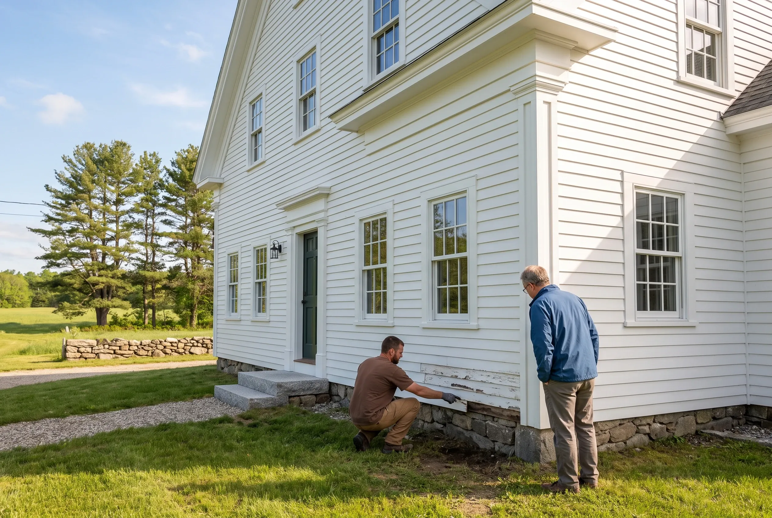 Re-sided colonial in Gorham, Maine: Two men inspect white horizontal siding on a two-story house with stone foundation and multiple windows against a backdrop of green lawn and pine trees.