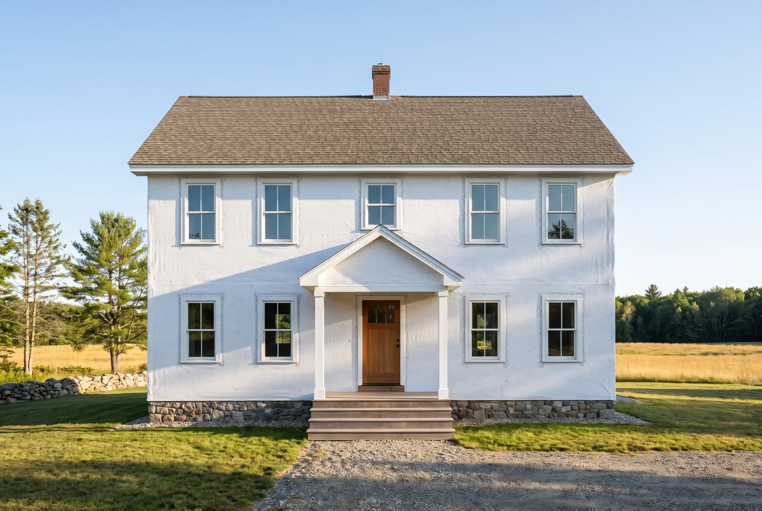 White colonial home in Gorham, Maine: Two-story white house with gray roof, white trim, stone foundation, and brown front door surrounded by lawn and trees.
