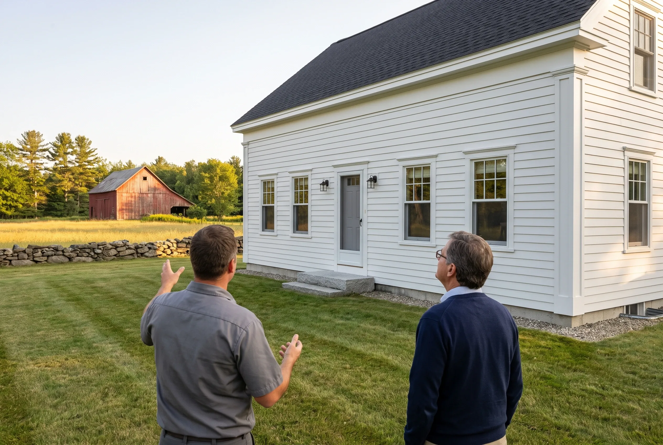 Re-sided farmhouse in Gorham, ME: Two men stand on lawn viewing a white-sided house with gray trim, dark roof, and multiple windows. Red barn visible in background.