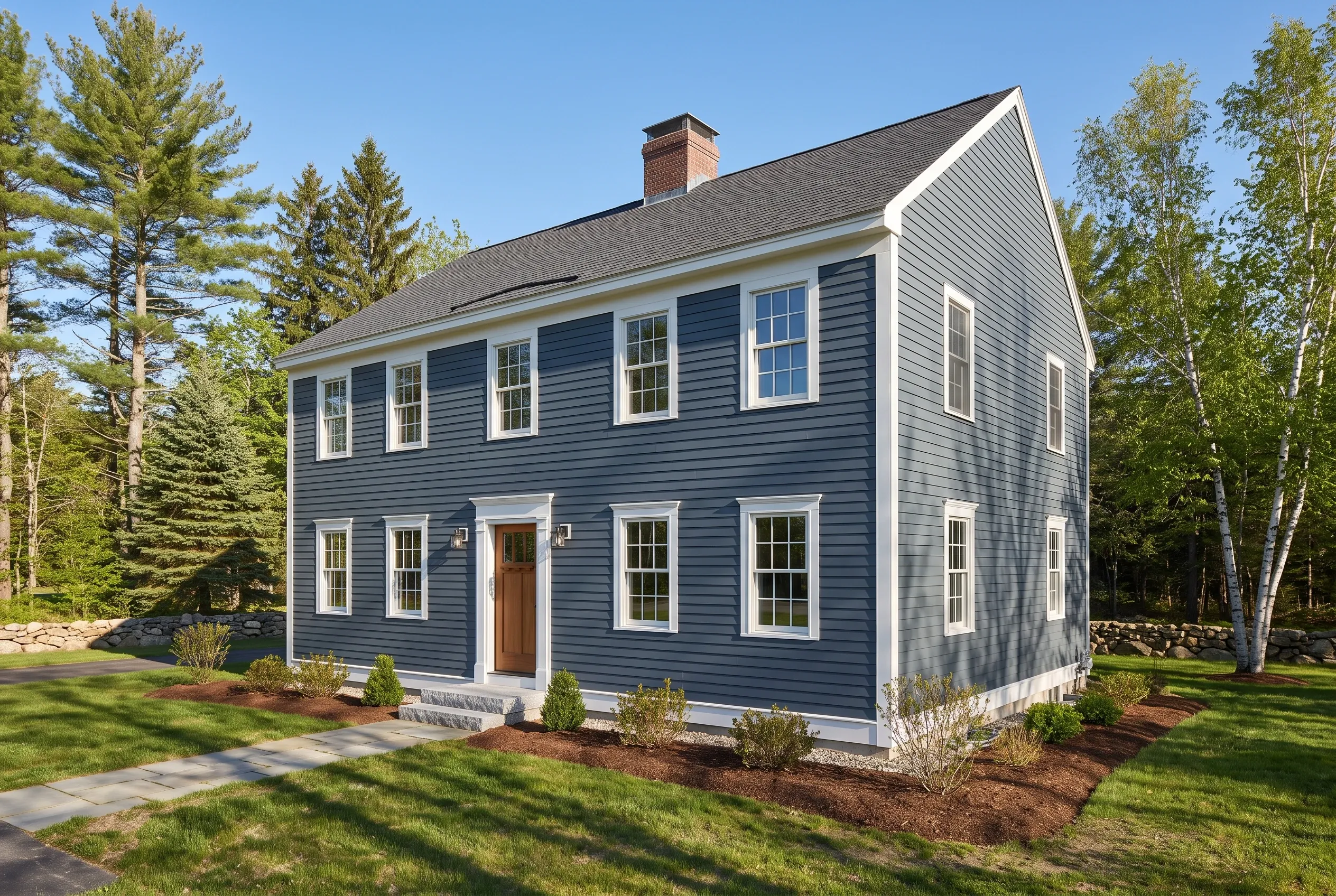 Blue Colonial Home in Gorham ME: Two-story colonial house with dark blue horizontal siding, white trim, and gray shingled roof, surrounded by evergreen and birch trees on green lawn.