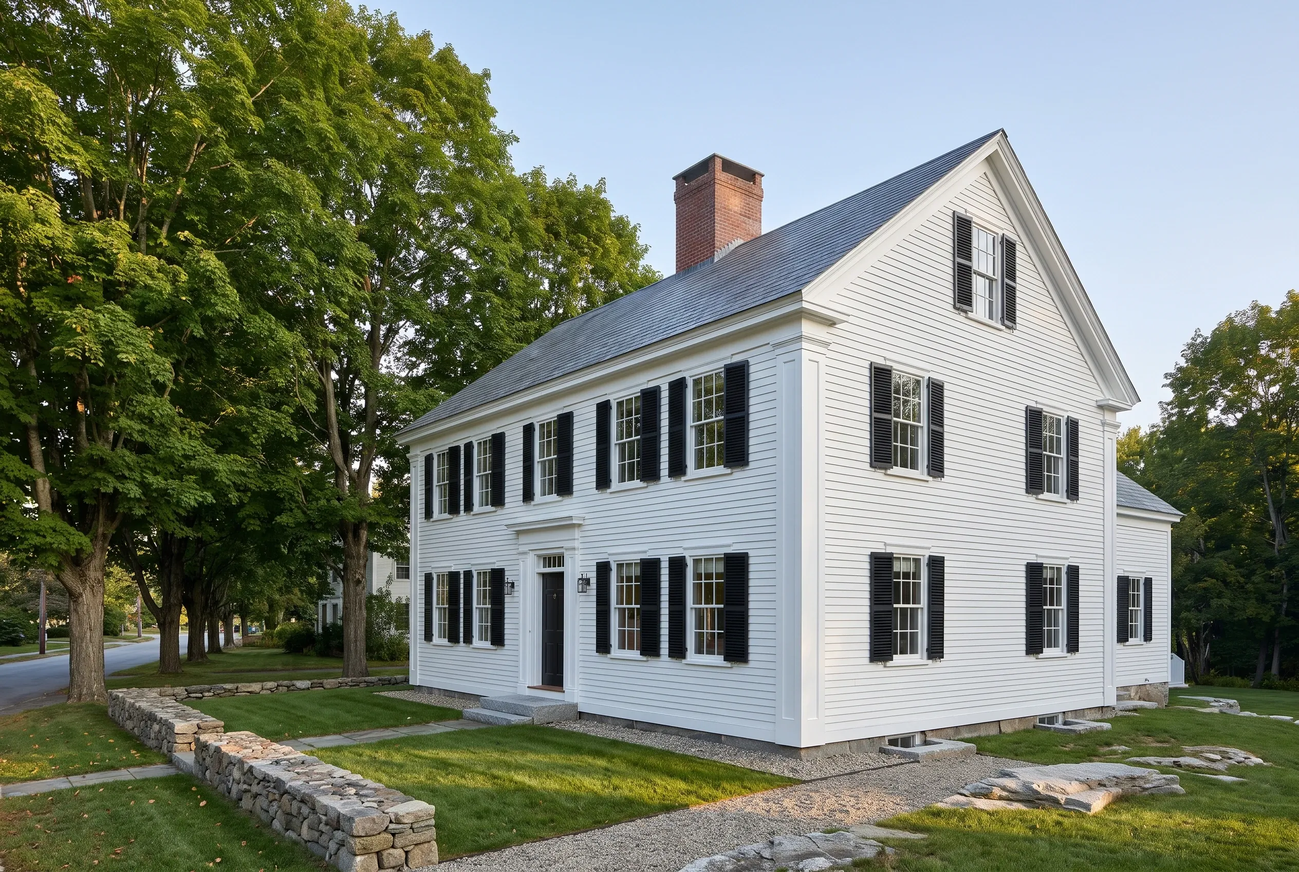 Re-sided colonial in Gorham, ME: White vinyl-sided two-story house with black shutters, dark roof, brick chimney, surrounded by mature trees and stone walls.