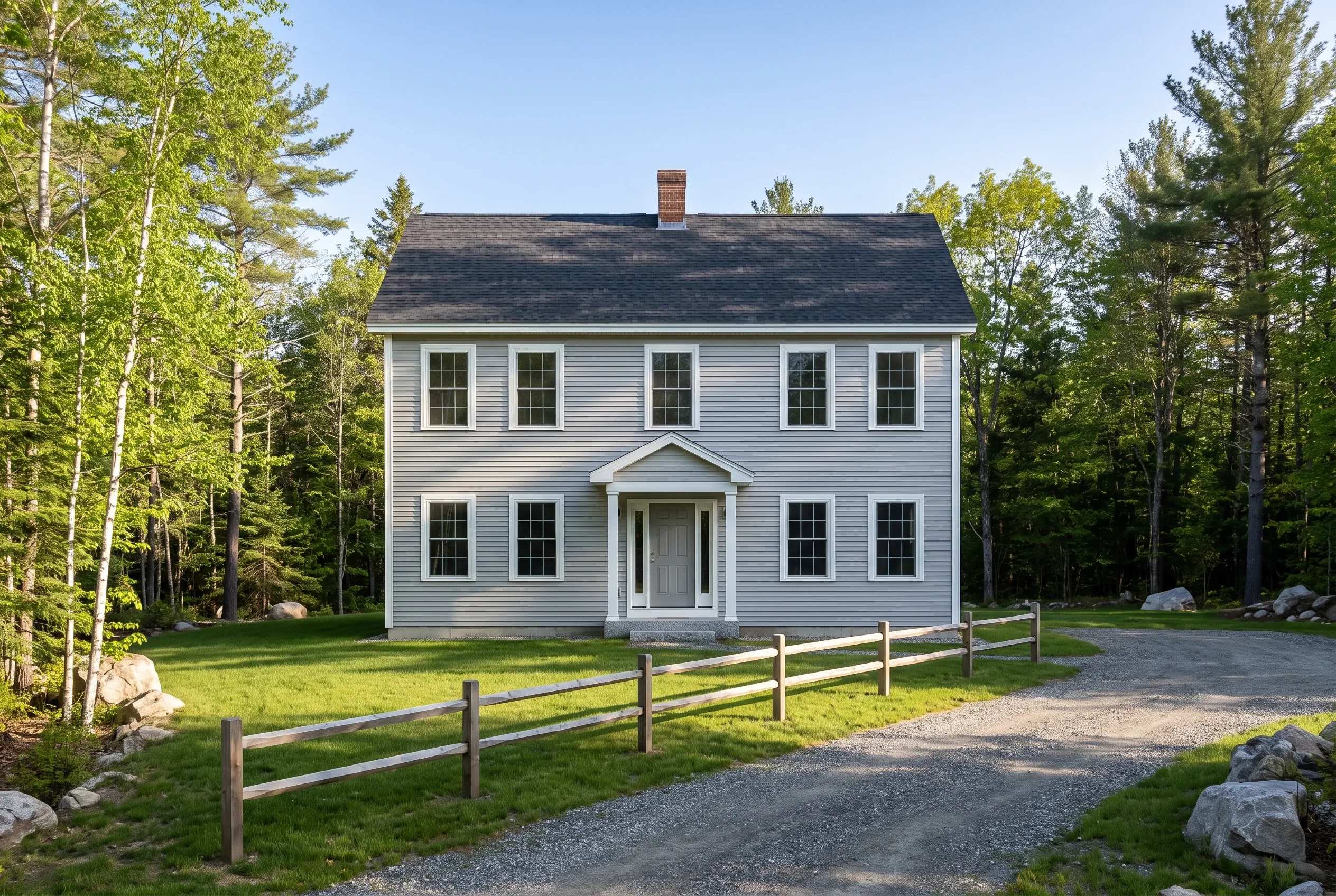 White Colonial in Gray, ME: Two-story white vinyl-sided house with dark roof, white trim, and brick chimney surrounded by evergreen and birch trees with wooden fence.
