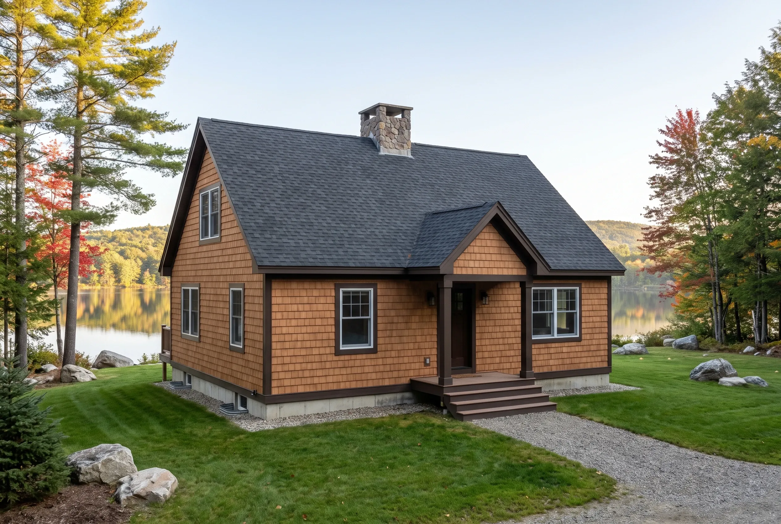 Cedar shake cottage in Gray, Maine: A single-story cottage with cedar shingle siding in golden brown, dark trim, and charcoal roof sits on a grassy lakeside lot surrounded by fall foliage.