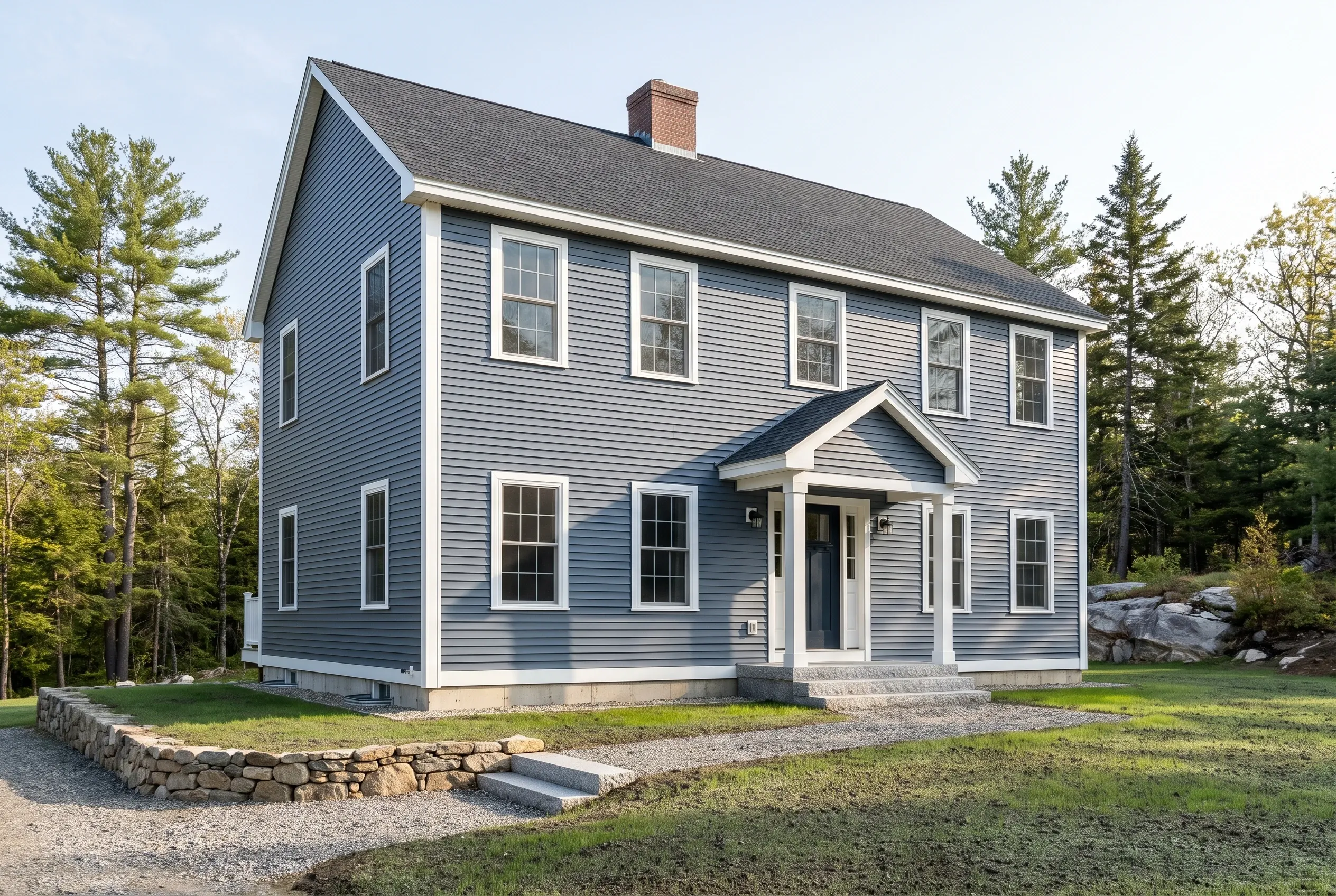 Siding contractors in Gray, ME: Two-story colonial house with blue vinyl siding, white trim, and gray roof surrounded by evergreen and deciduous trees and stone foundation.