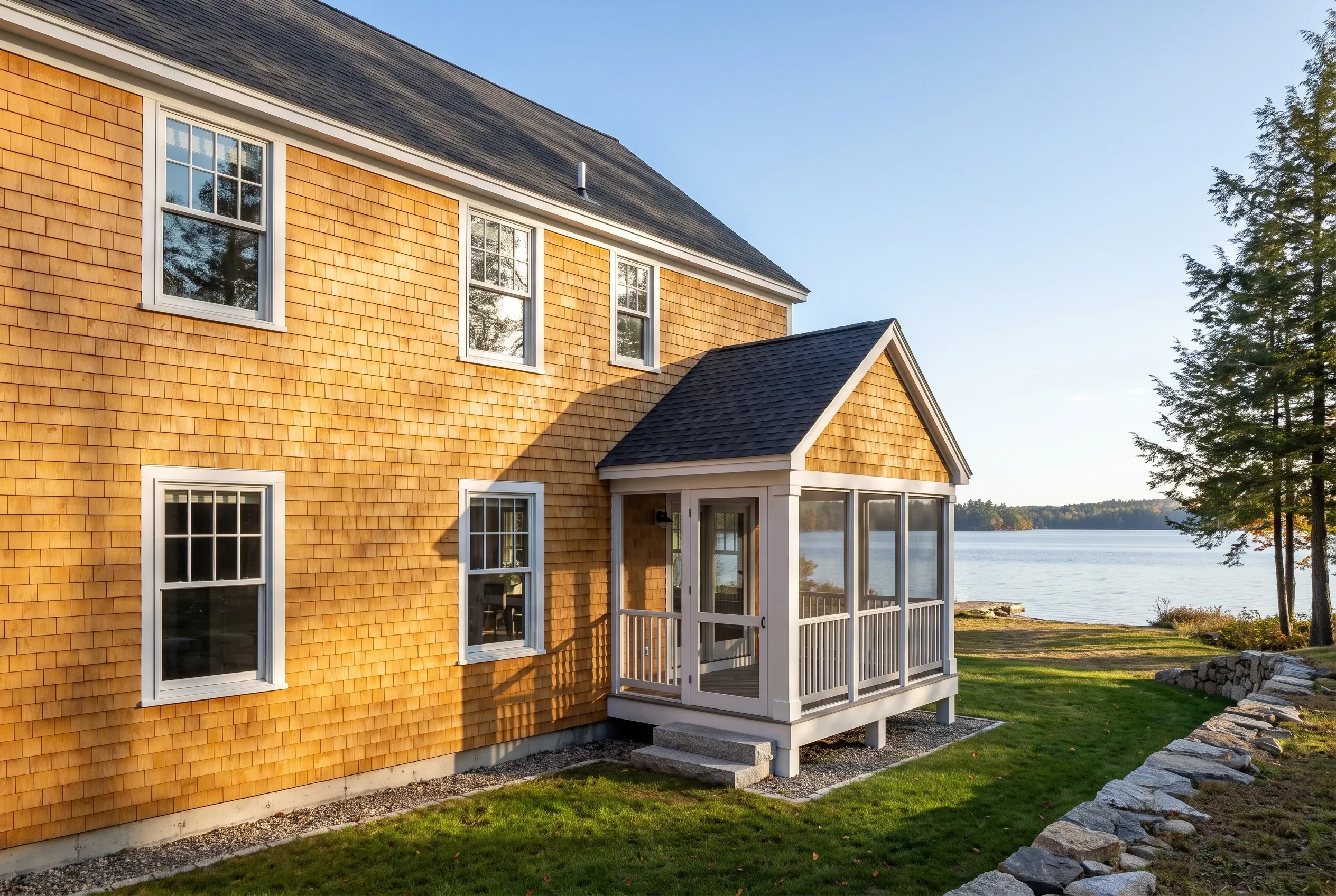 Yellow Cedar Shake Home in Gray, ME: Two-story house with golden-yellow cedar shake siding, white trim, dark roof, and screened porch addition overlooking waterfront lawn and lake.