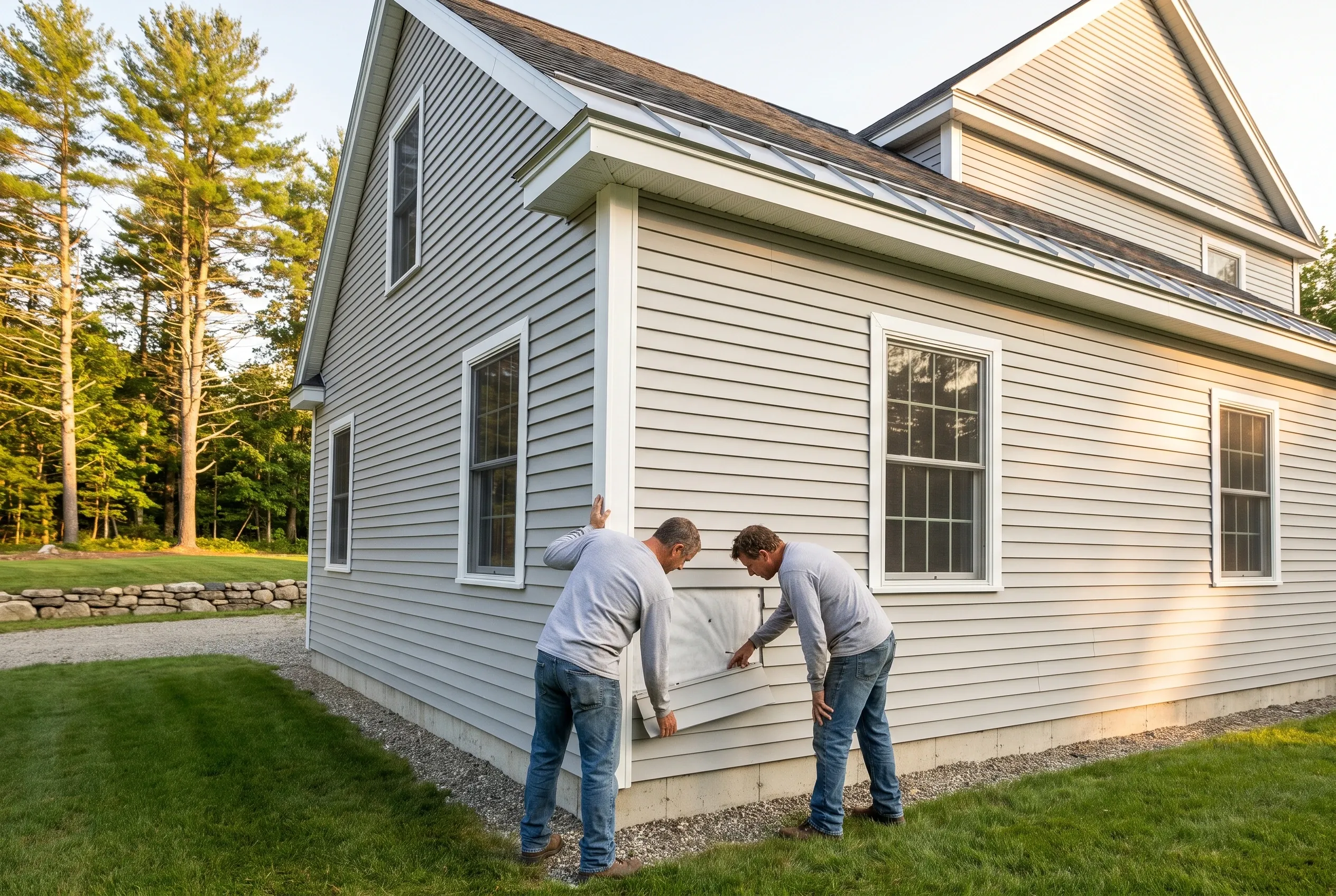 Siding Replacement in Gray, Maine: Two men inspecting light gray vinyl siding on a two-story house with white trim and dark roof, surrounded by pine trees and green lawn.