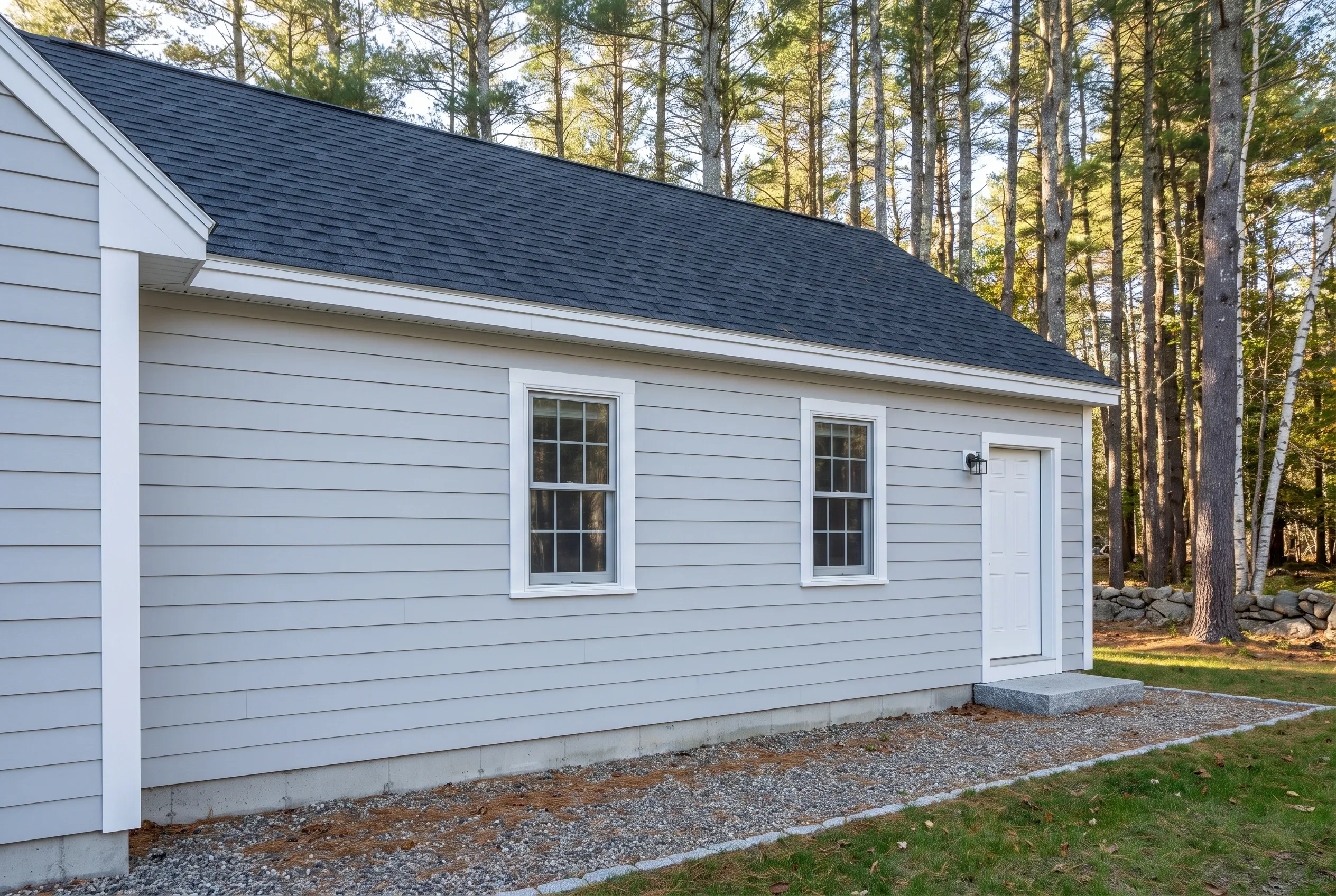 Re-sided cottage in Gray, ME: Light blue single-story cottage with white trim and dark roof surrounded by tall pine trees, gravel foundation, two windows and white door visible, no people present.