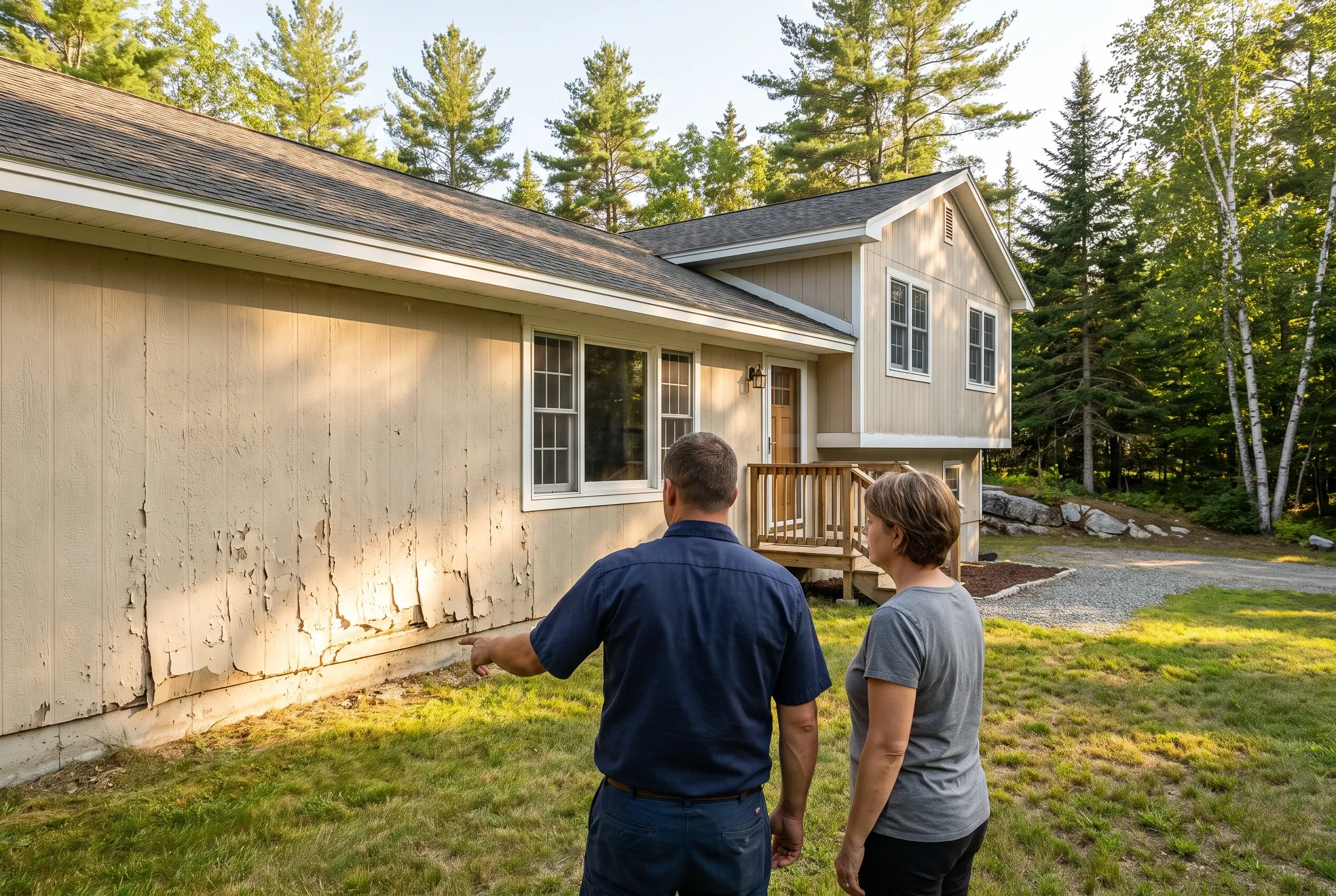 Siding inspection in Gray, ME: Two people examine weathered beige siding on a single-story home with gray roof and white trim, surrounded by evergreen trees.