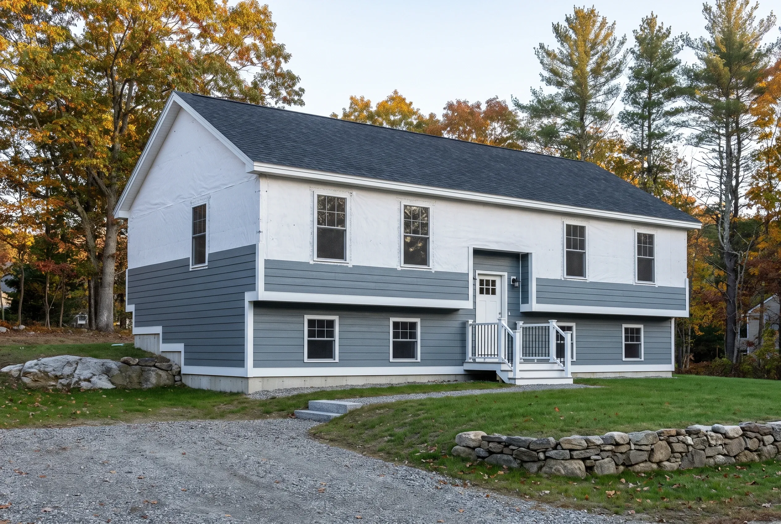 Re-sided Colonial in Gray, Maine: Two-story white and gray sided house with white trim and dark roof in autumn setting surrounded by trees and stone wall.