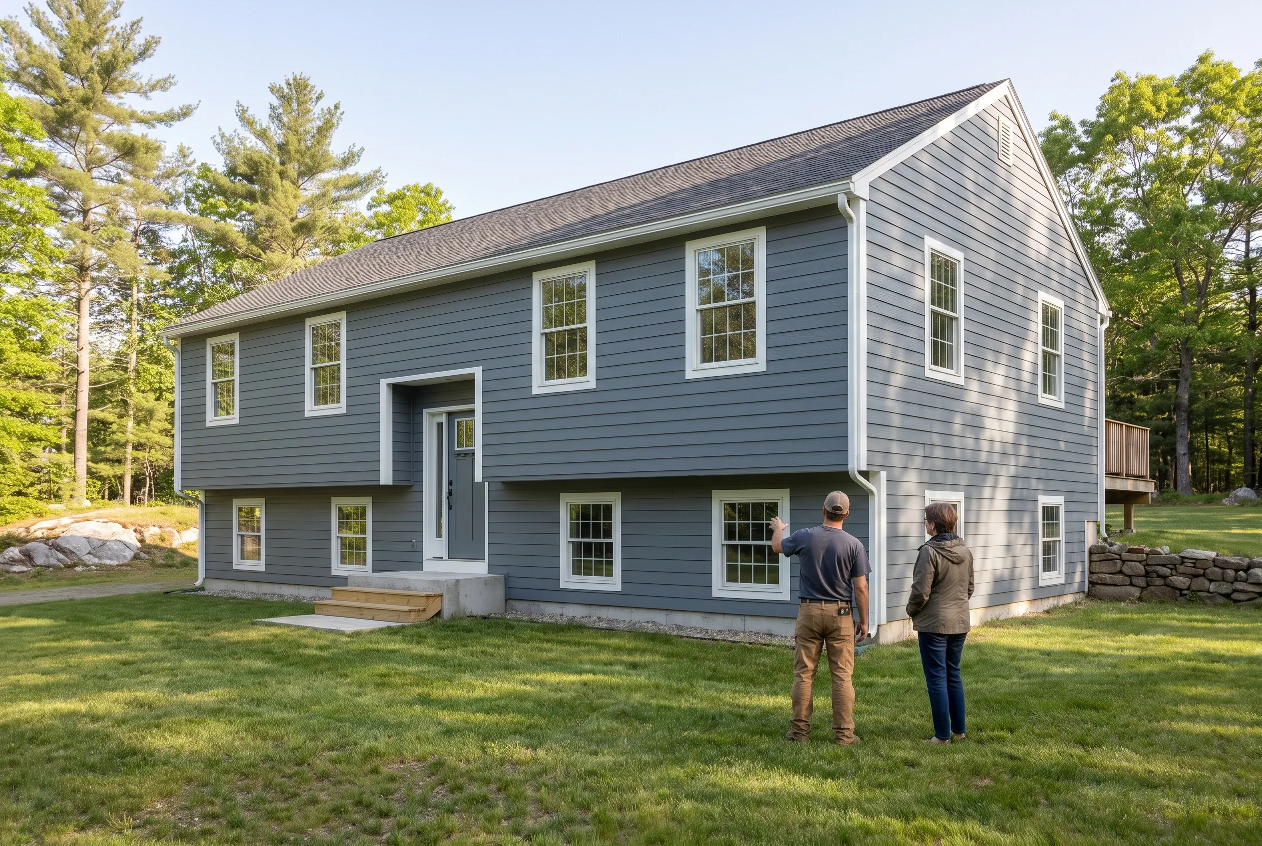 Re-sided colonial in Gray, ME: Two-story house with blue-gray horizontal siding, white trim, and dark roof. Two people stand in front on grass lawn surrounded by pine trees.