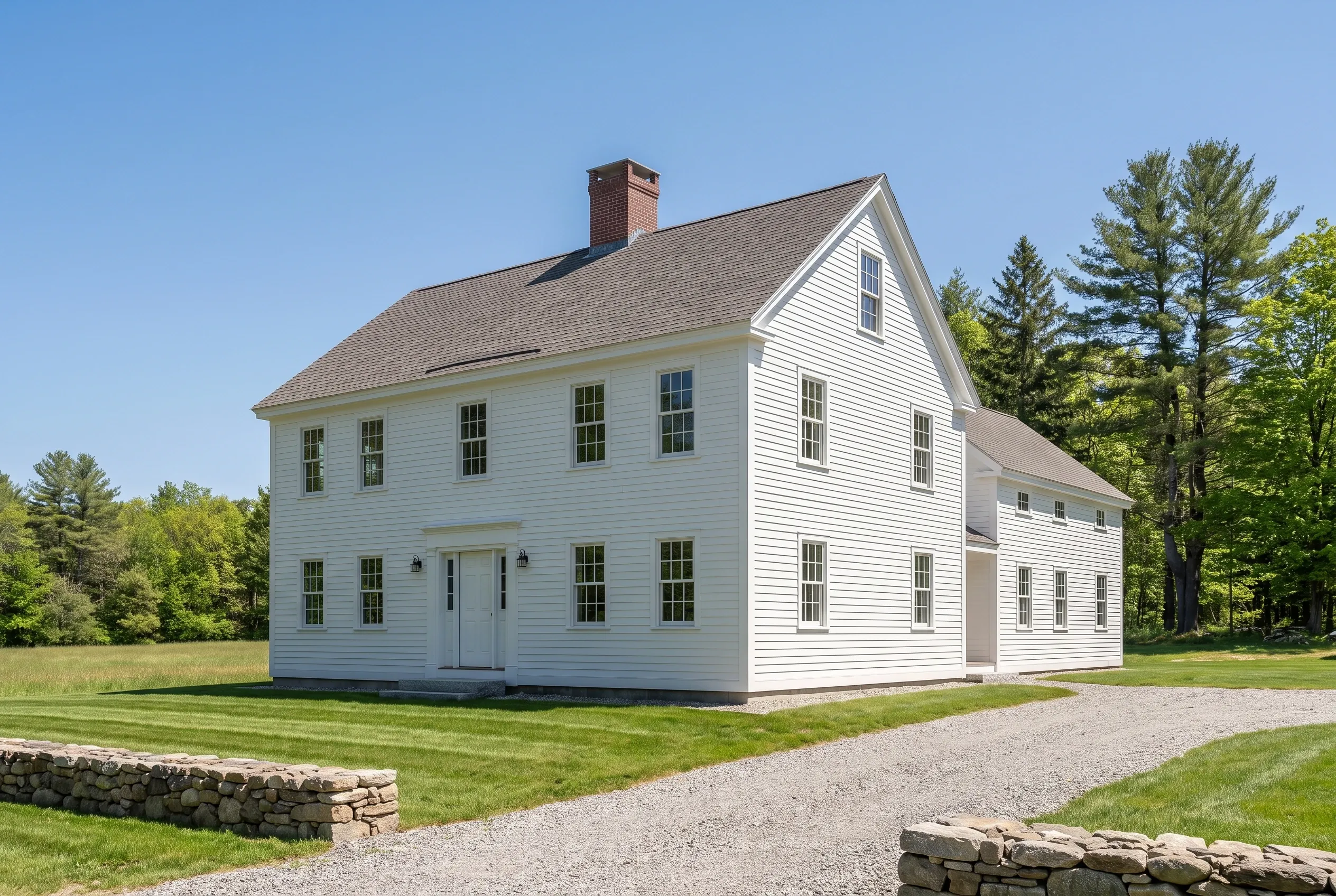 White colonial home with new siding: Two-story white vinyl-sided colonial house with black roof, brick chimney, and white trim on large windows, situated on gravel driveway with stone walls and evergreen trees in North Yarmouth, Maine.