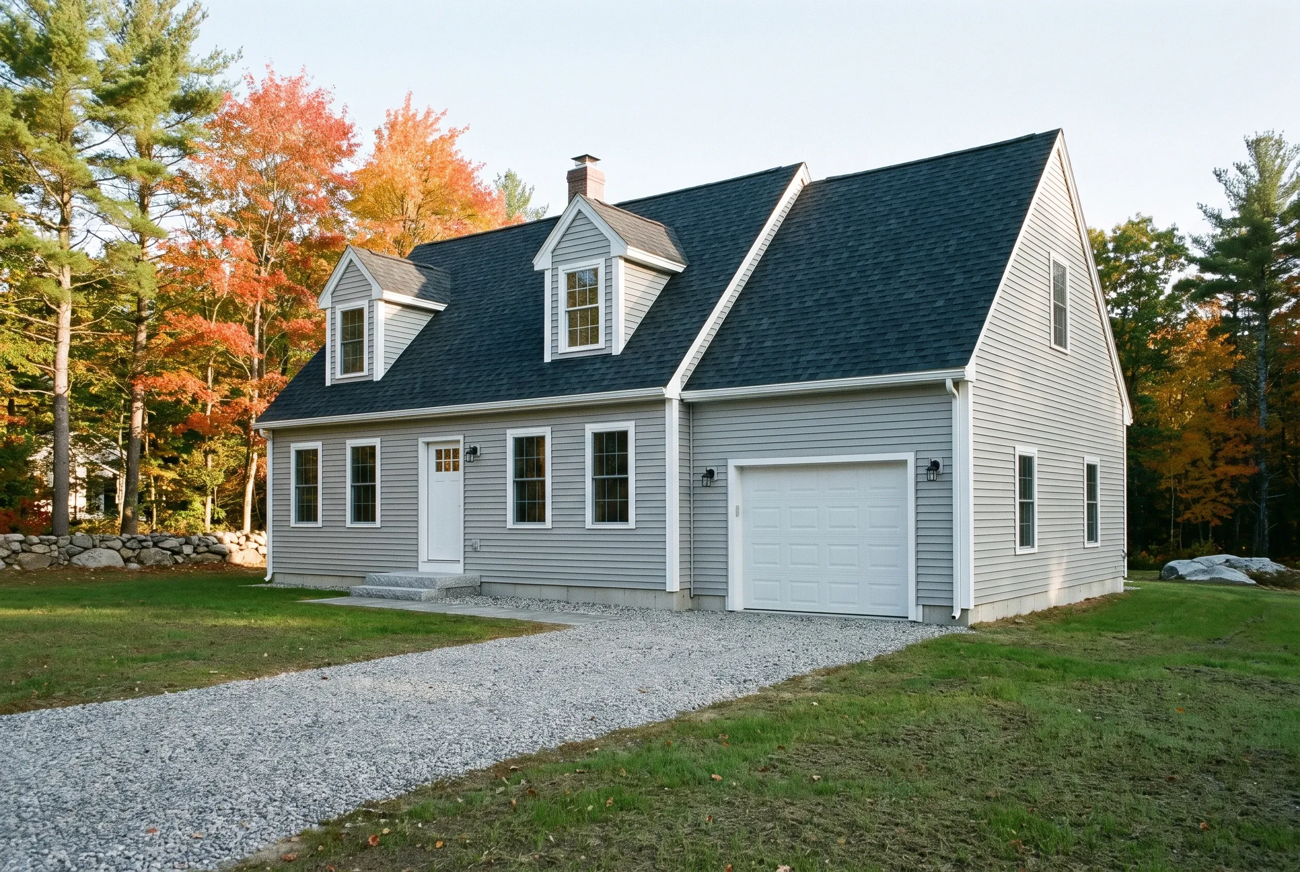 Siding contractors in North Yarmouth, ME: New gray vinyl-sided Cape Cod house with white trim, dark roof, and attached garage surrounded by autumn trees.