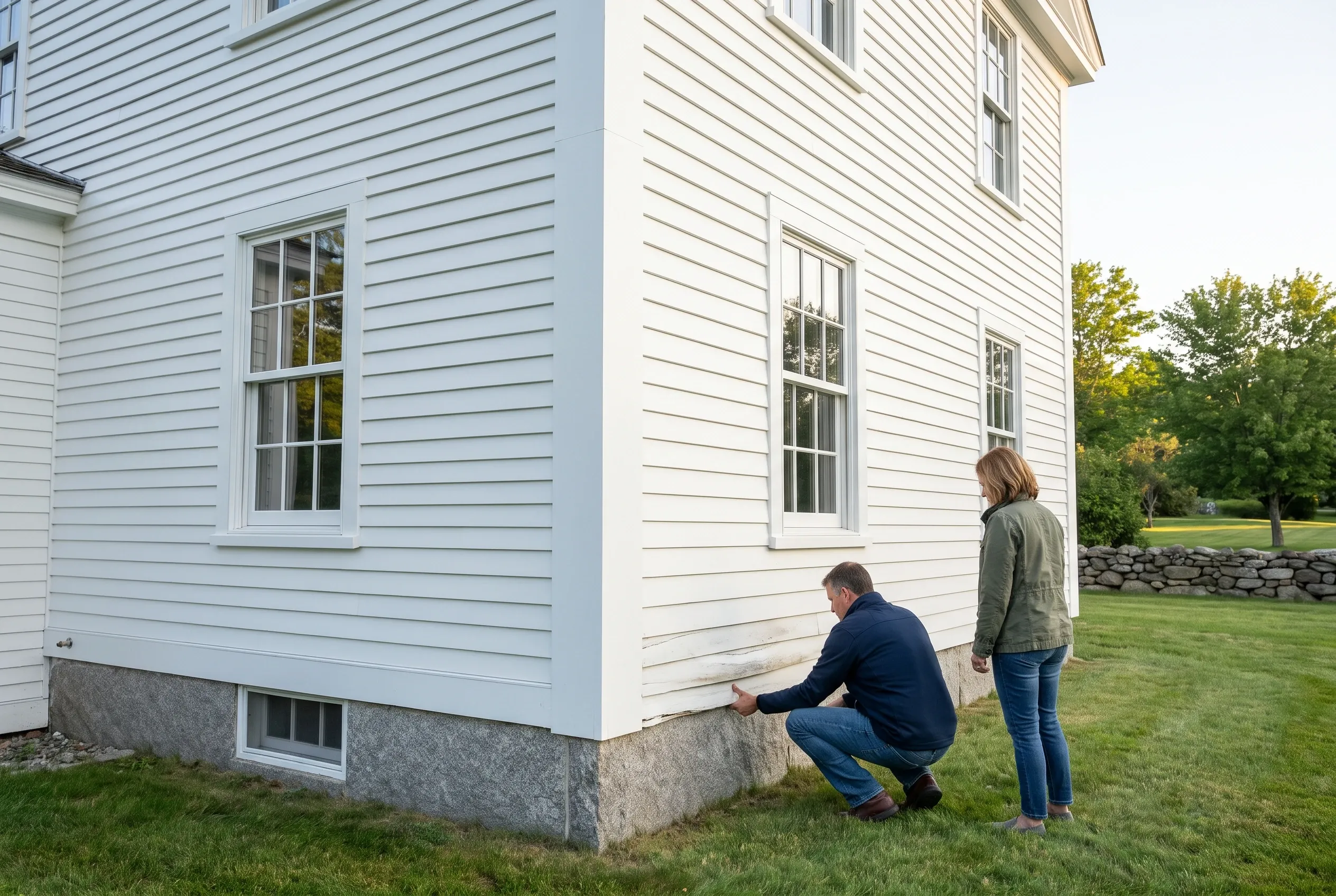 Re-sided colonial in North Yarmouth, Maine: Two people examine white horizontal siding and gray foundation on a two-story house with white-trimmed windows, set on a grassy lawn with stone wall and trees behind.