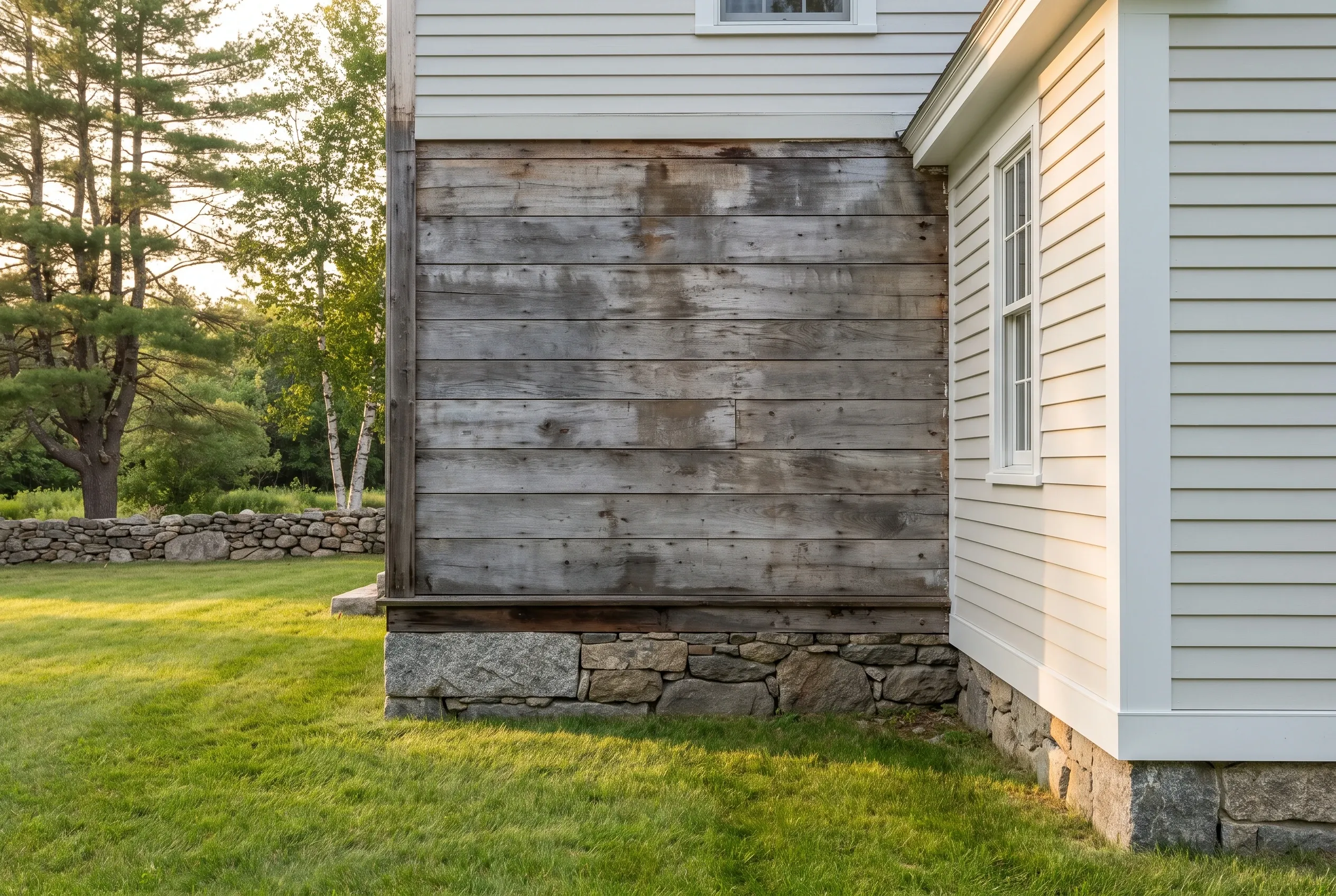 New England home siding replacement: Gray horizontal siding on house addition beside white-sided main structure, stone foundation visible, trees and lawn in background.