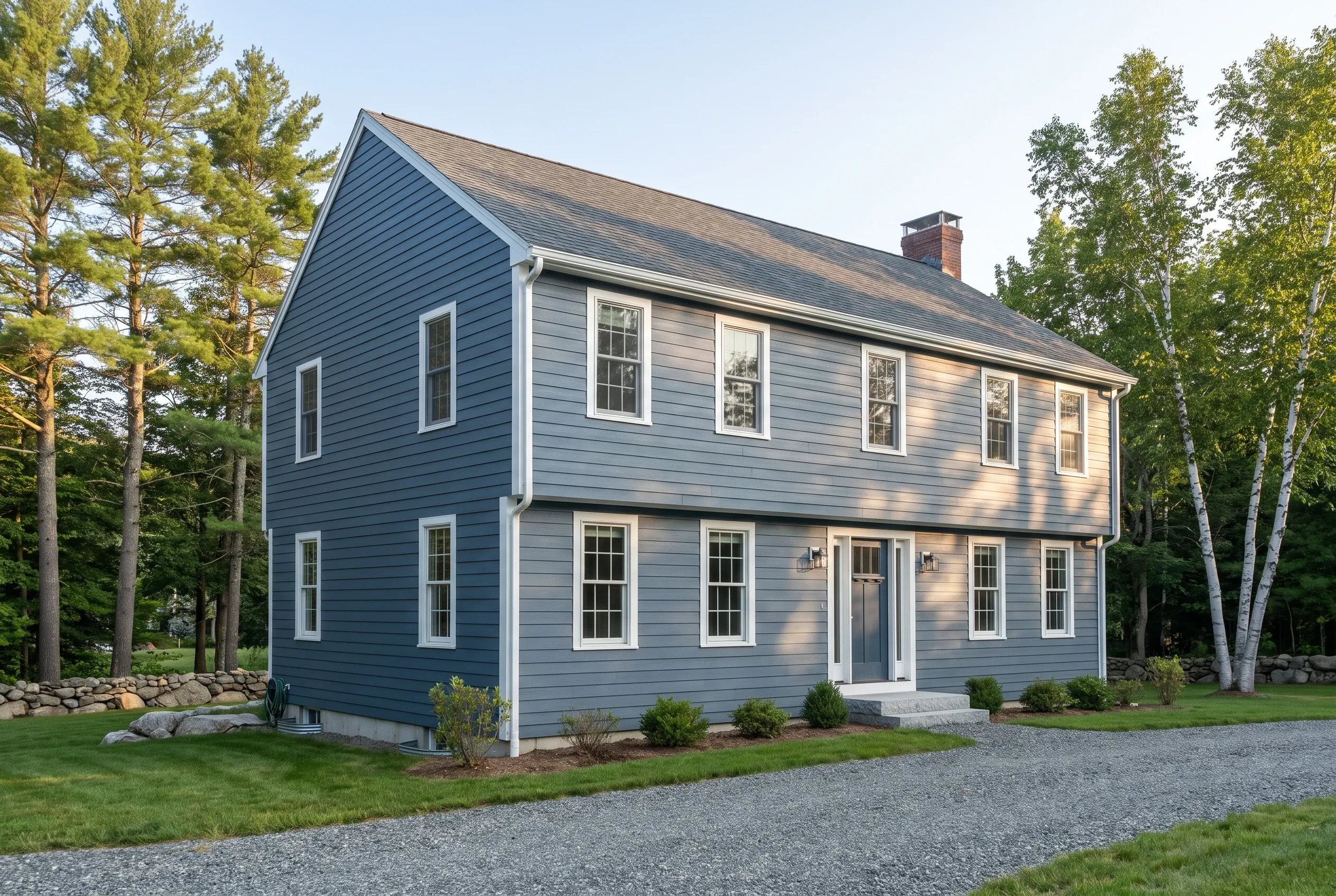Blue two-story home with white trim in North Yarmouth, ME: A two-story residential house with blue horizontal siding, white trim and window frames, dark roof, brick chimney, surrounded by evergreen and birch trees on a gravel driveway.