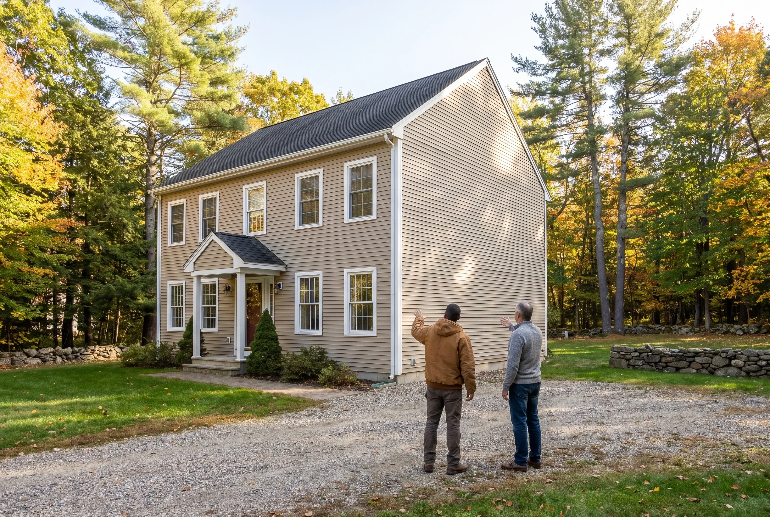 Re-sided colonial home in North Yarmouth, ME: Two men stand in gravel driveway viewing a two-story house with tan vinyl siding, white trim, and dark roof surrounded by autumn trees.