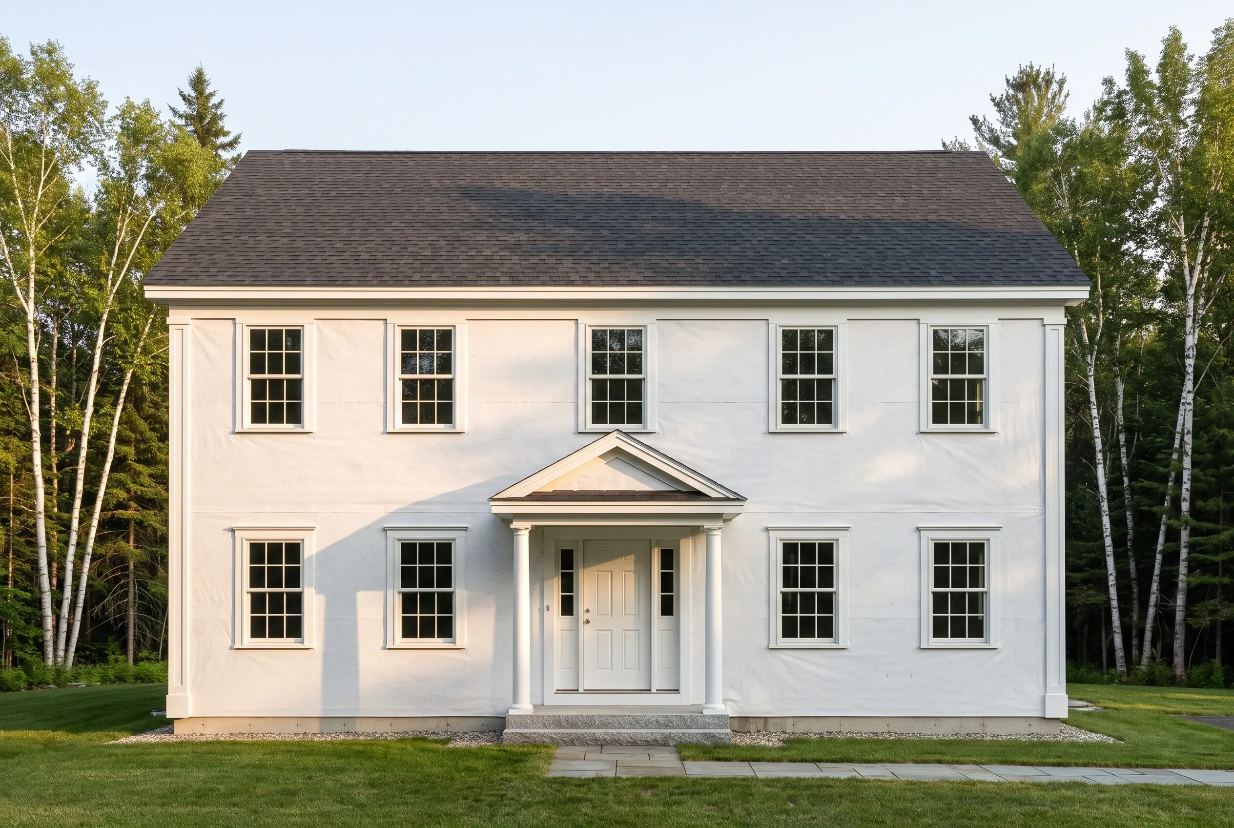 White colonial home in North Yarmouth, ME: Two-story white-sided house with black roof, white trim, black-trimmed windows, central portico with columns, and surrounding evergreen and birch trees.