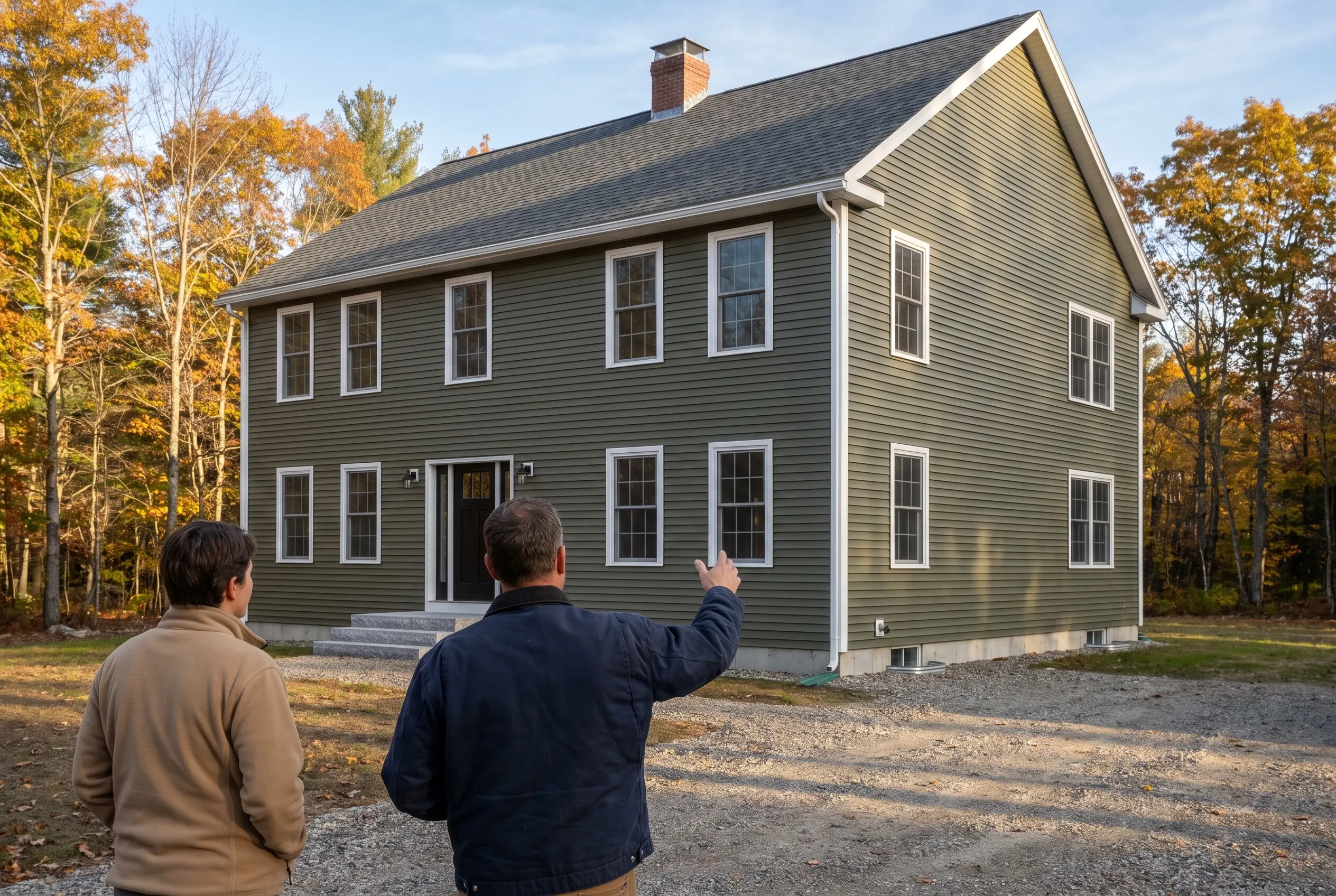 Re-sided colonial in North Yarmouth, ME: Two men viewing a two-story house with gray vinyl siding, white trim, and dark roof surrounded by autumn trees.