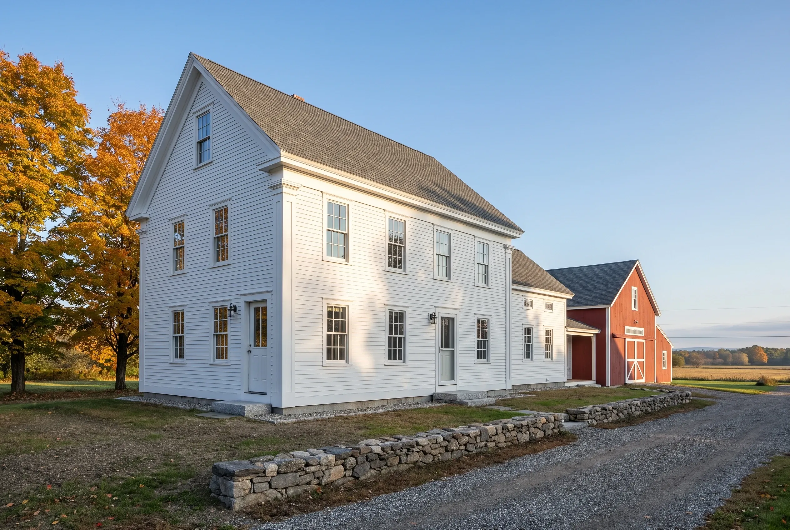 White colonial farmhouse in North Yarmouth, ME: Two-story white horizontal siding house with gray roof, stone foundation, and matching red barn beside it in rural autumn setting.