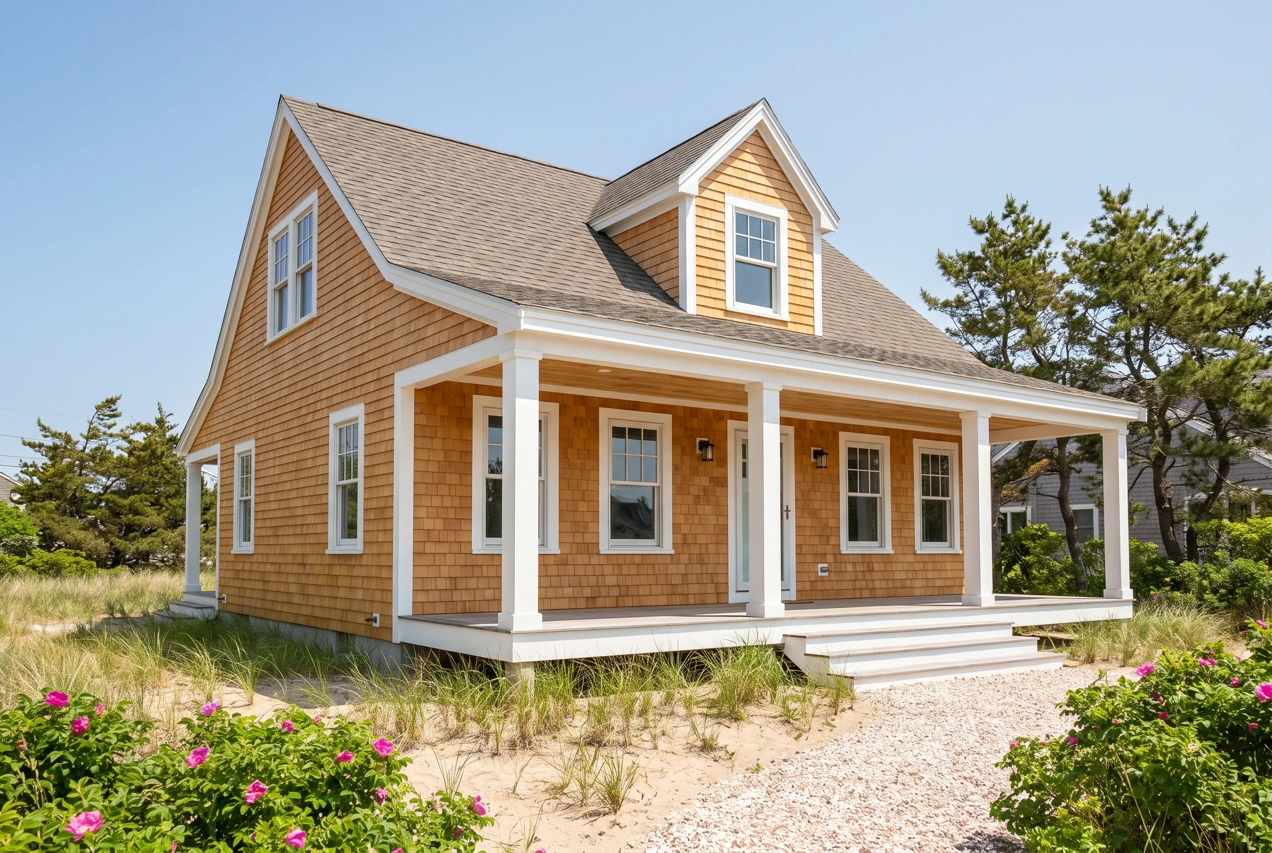 Cedar shake cottage in Old Orchard Beach, ME: Single-story house with golden-brown cedar shingle siding, white trim and columns, gabled roof, front porch, situated on sandy beach lot with beach grass and pink flowers.